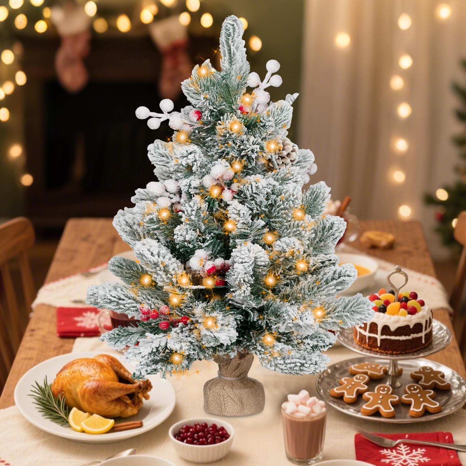 ININ 2FT Pre-lit Mini Christmas Snow Flocked Tree,Tabletop Artificial Christmas Tree with