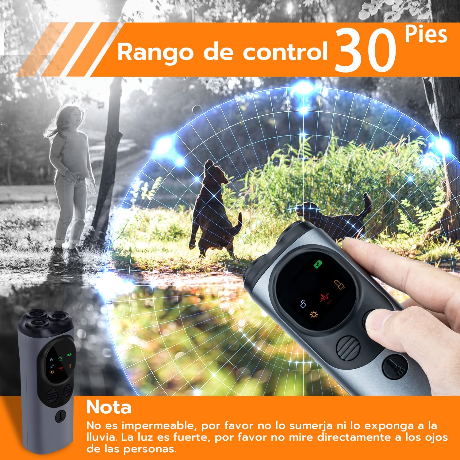 Mcbazel Ahuyentador de Perros, Dispositivo Ultrasónico Antiladridos de Largo Alcance 30 Pies, con 2 Modos de Ultrasonido y Linterna Estroboscópica, para la Mayoría en Interiores y Exteriores
