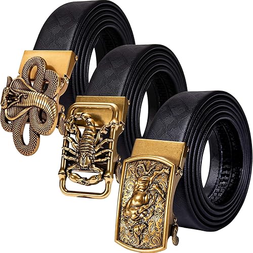 Barry.Wang Juego de Cinturones con Trinquete y 3 Hebilla para Hombre, Cinturón de Regalo de Cuero de Grano, Hebilla Automática de 3,5 cm, para Día