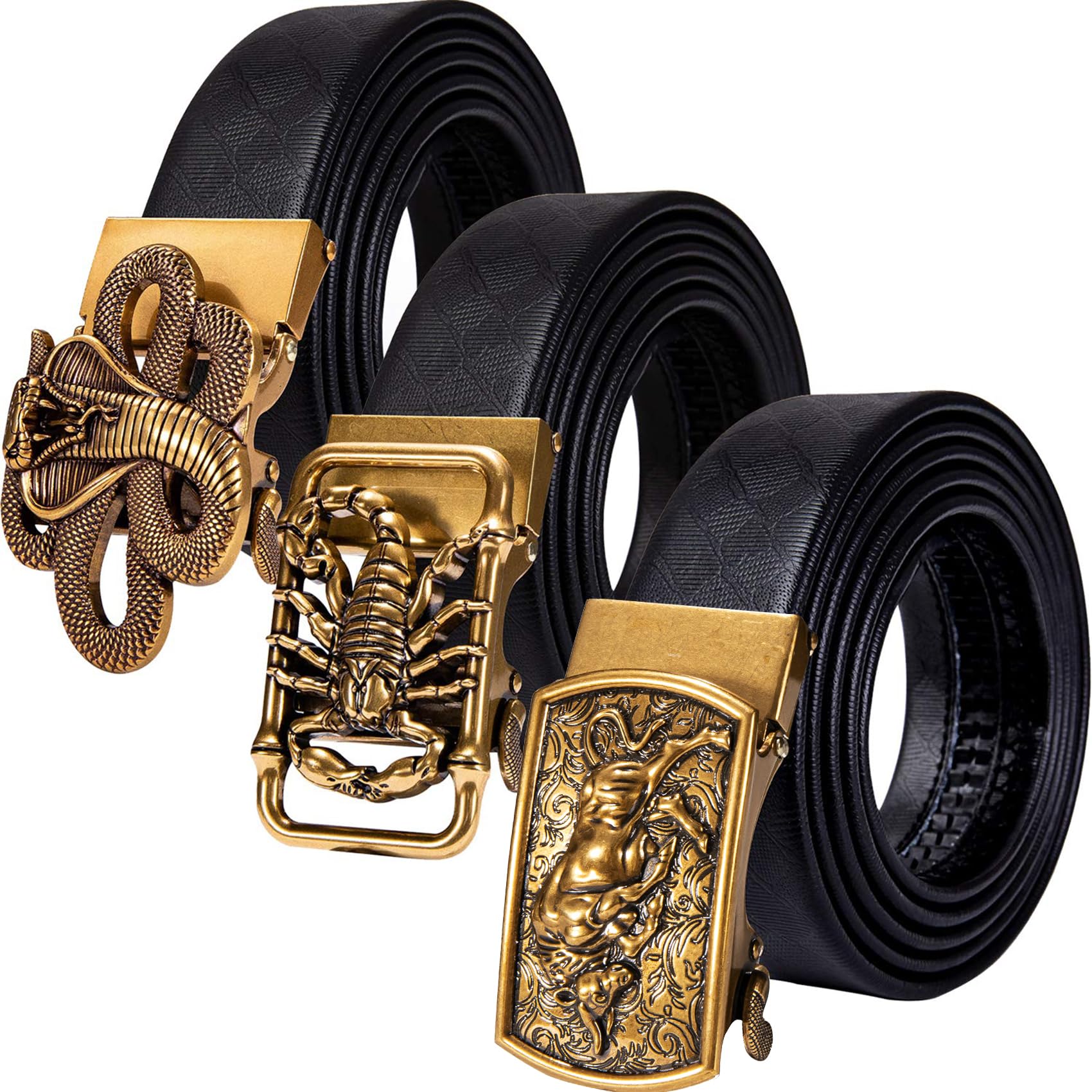 Barry.Wang Ratchet Belt 3 Buckles Gift Set Mens Belts Grain Leather Automatic Buckle 1 3/8" Father's Day Business Wedding