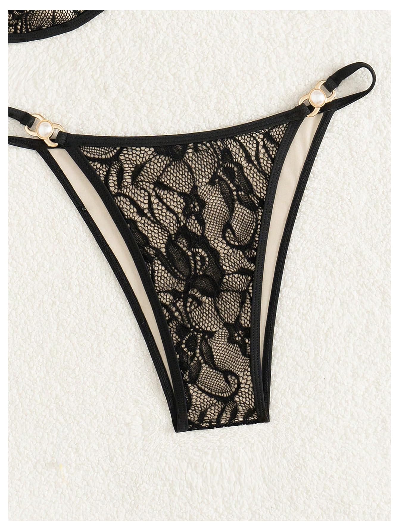Damskie Bikini Z Kwiatową Koronką, Wysoko Wycięte Stringi 2-częściowy Strój Kąpielowy Siateczki, Czarny, Duży