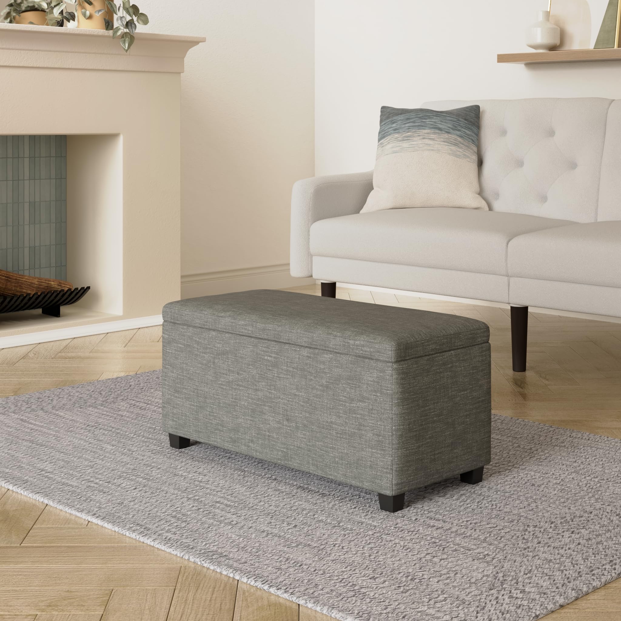 Amazon Basics Bank für den Eingangsbereich, rechteckig, gepolstert, mit Stauraum, Schlafzimmer, Flur, Polsterhocker, Leinenoptik, Dunkelgrau, 42 x 91 x 43 cm