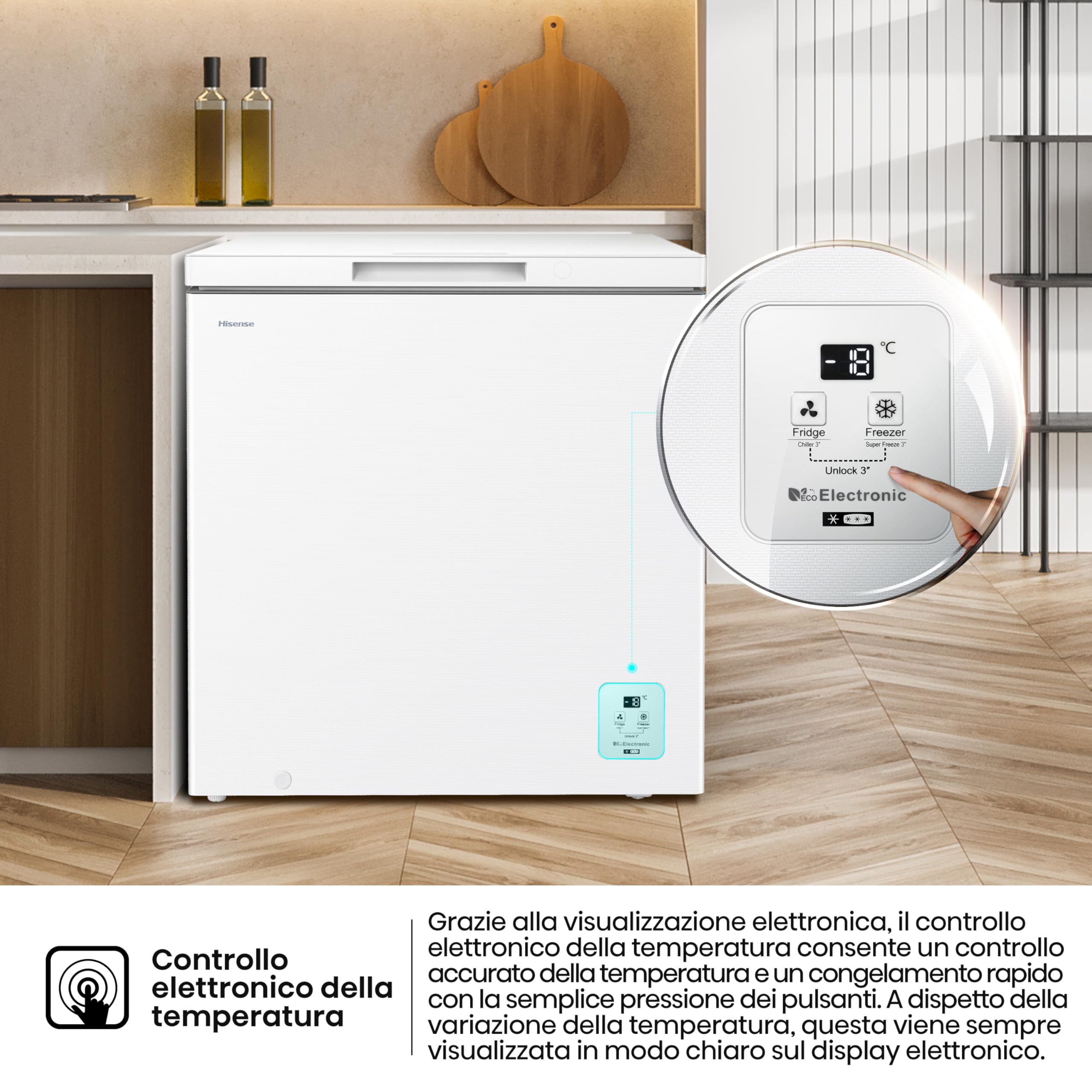 Hisense FT200N1AWE NUOVO Congelatore a pozzo 198 litri, Display Led, Super Silenzioso 40 db, classe E, (L*P*A): 78,7×55,9×85,8 cm, Bianco