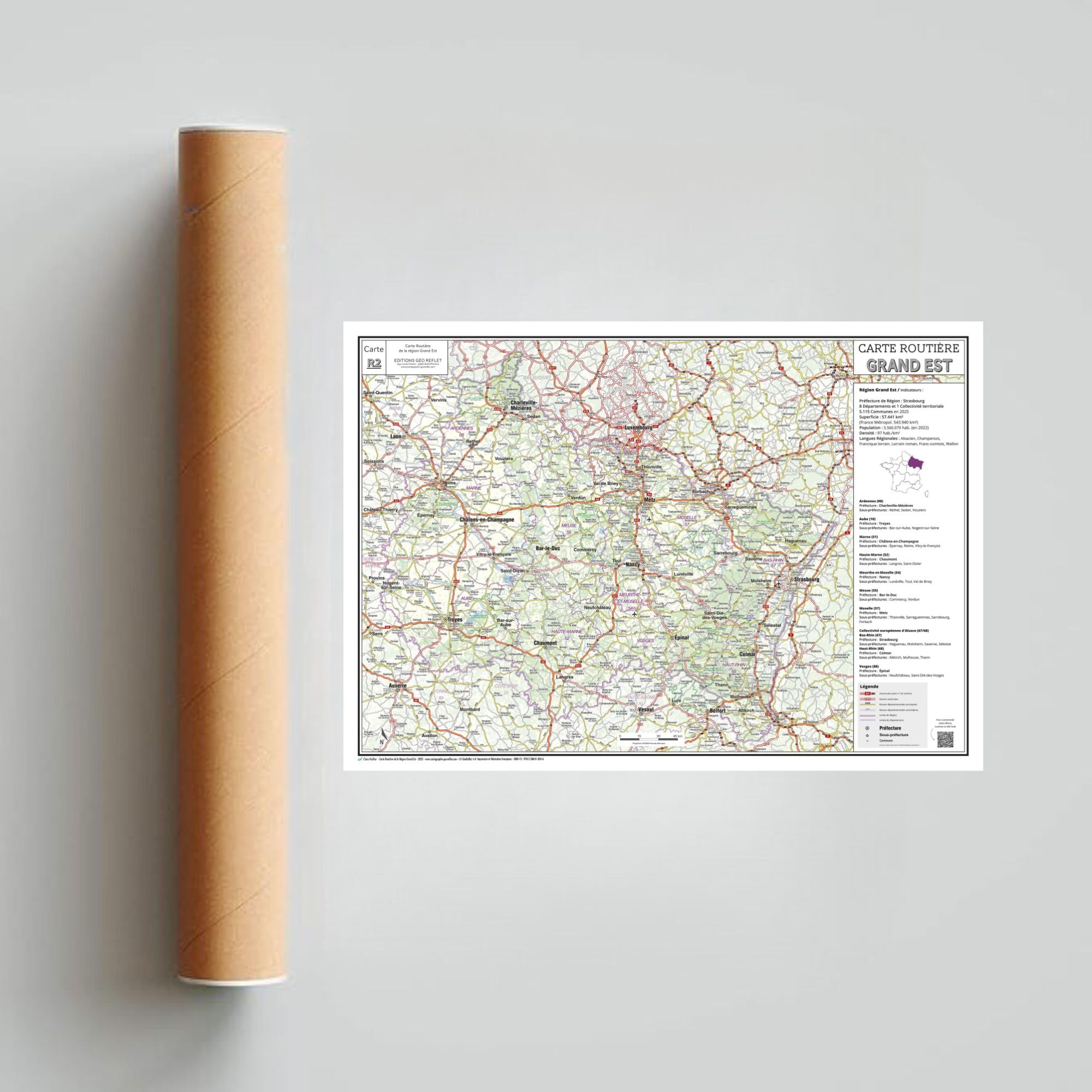 Carte routière de la région Grand Est - Poster plastifié 100x70 cm - Édition 2026