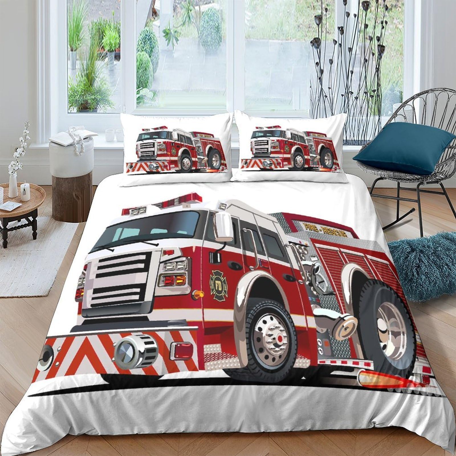 Ctjqhvkz Style-3 3D Printed Fire Truck Fitted Sheet Microfiber Soft Breathable Red Engine Bed Cover For Bedroom Dorm Kids Teen Adult Decor Single（135X200cm）