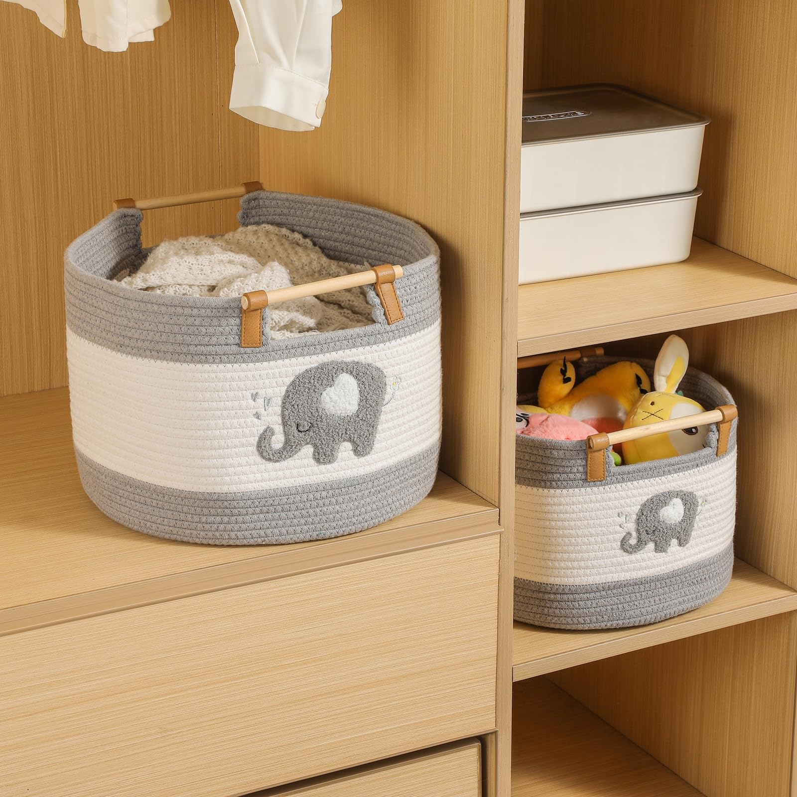 Grande Cesto Coperta 35L Cesto in Corda di Cotone con Manici in Legno Cesti Intrecciati per Giocattoli di Peluche dei Bambini, Contenitore per Pannolini, Contenitore Vestiti Neonati