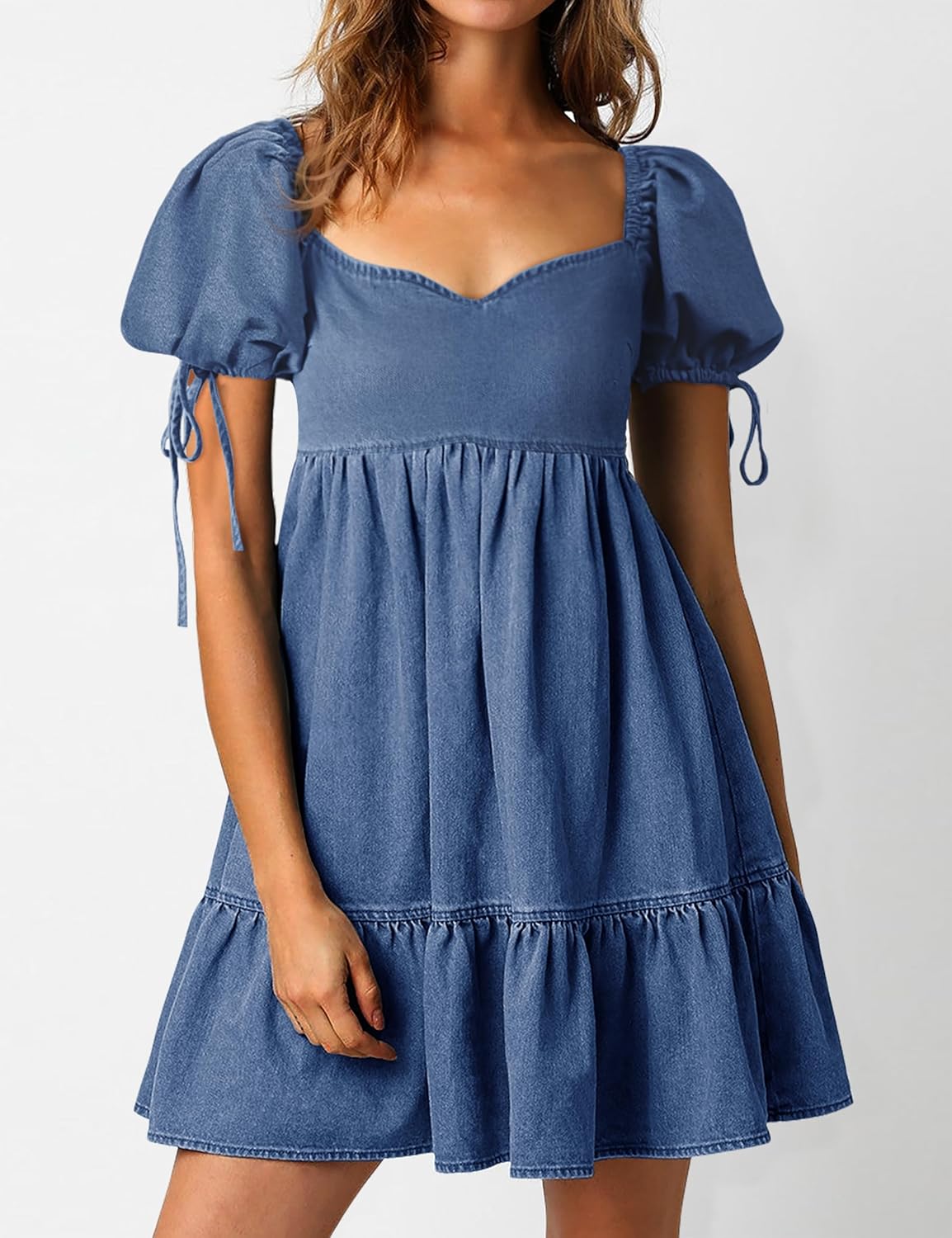 Denim Dress for Women Puff Short Sleeve Jean Dresses Sweetheart Neck Denim Mini Dress - Image 5