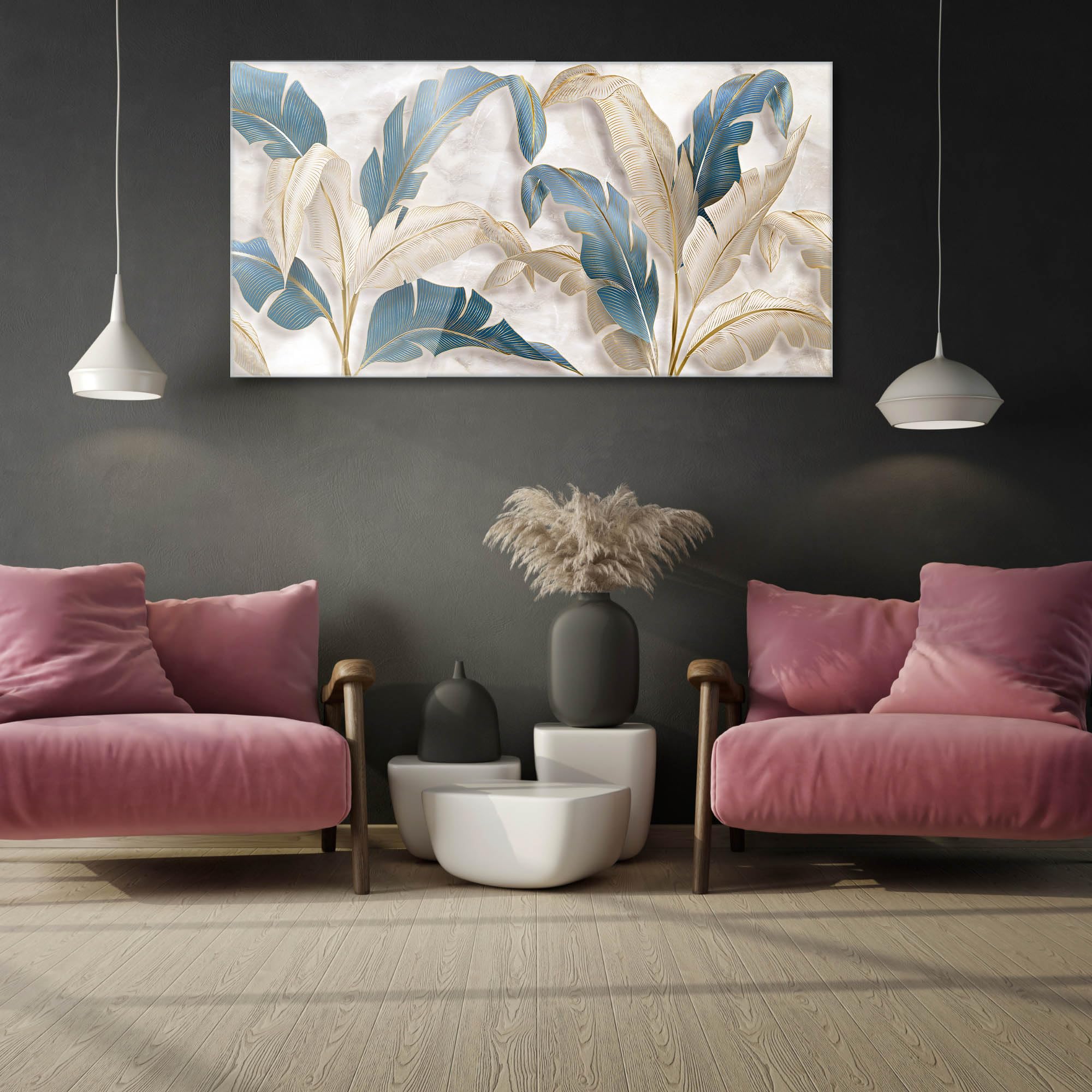 Quadro su Vetro 73x139 cm Stampe da Parete in Vetro LEAVES WHITE BLUE BEIGE