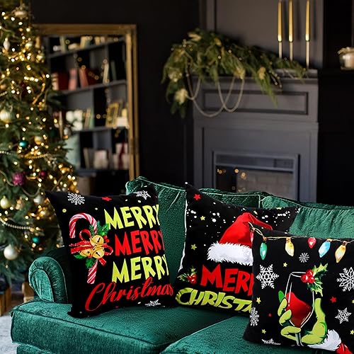 Miniatura 8 de Juego de 6 fundas de almohada vintage de Navidad de 18 x 18 pulgadas, fundas de almohada cuadradas retro de Navidad, Papá Noel, bastón de caramelo,