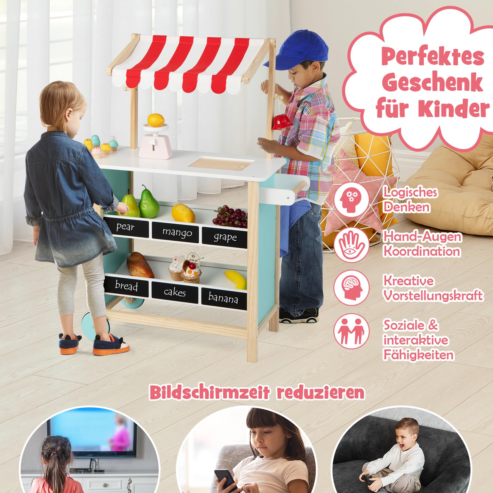 DREAMADE Kinder Eiswagen mit 6 Spielzeug-Eiscreme, Kaufladen aus Holz mit 2 Rädern und Markise, Einkaufsladen für Kinder ab 3 Jahren (Rot)
