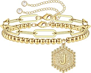 IEFWELL Gold Initial Bracelets for Women, 14K Real Gold Silver Rose Gold Plated Beaded Bracelets for Women Teen Girls Laye...