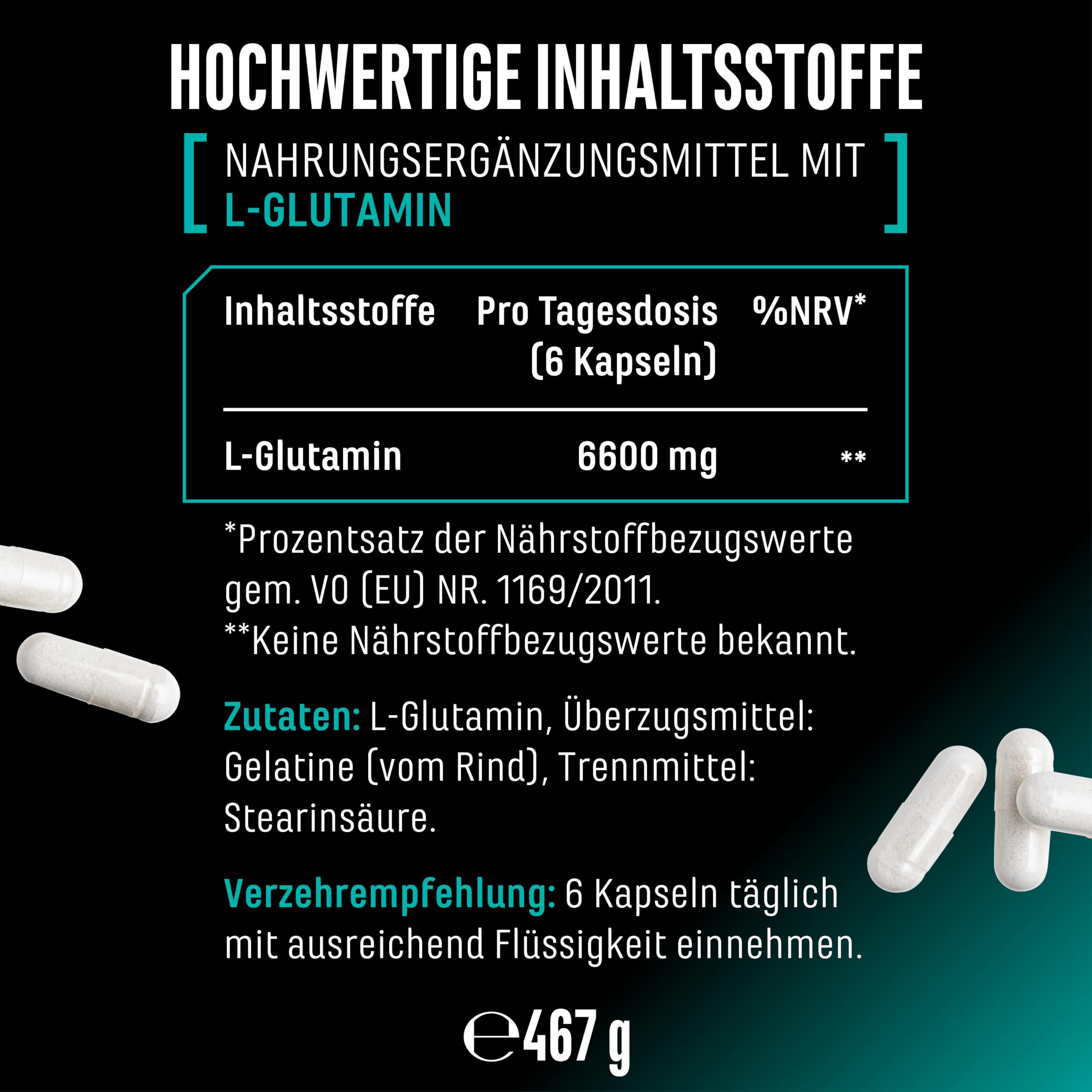 GEN GERMAN ELITE NUTRITION L-Glutamin Ultra Caps - 365 Kapseln - 1100 mg | 6600 mg Tagesportion, ultrafeines L-Glutamin, hochdosiert
