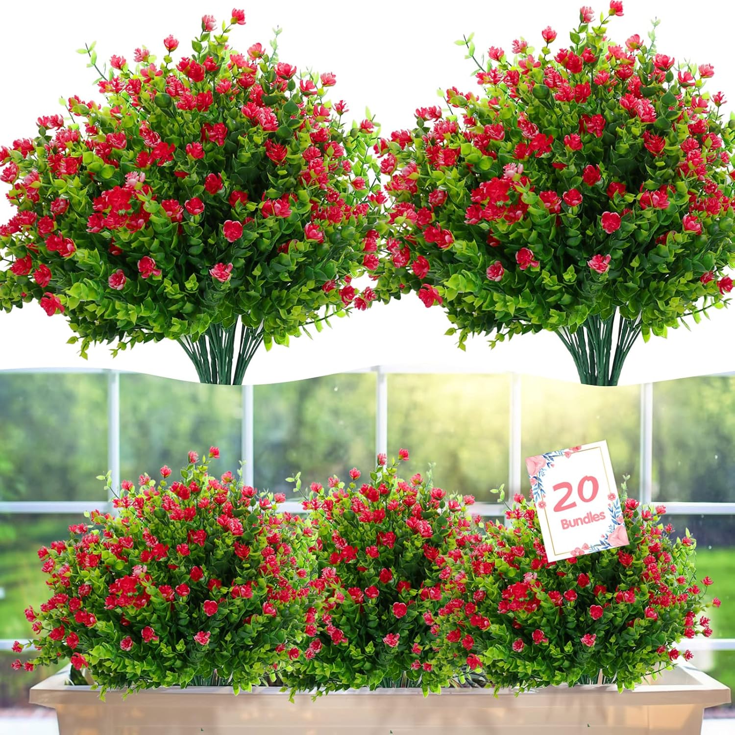 20 Bundles Artificial Flowers Outdoor Fake Flowers, UV Resistant No Fade Faux Plastic Greenery Shrubs Plants for Hanging Garden Porch Window Box Outside Decoration,Home Indoor Decor Red