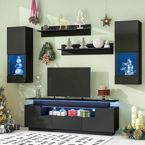 Juego de 5 soportes flotantes para TV con armario de televisión LED con 2 estantes de pared para TV de más de 75 pulgadas elegante centro de