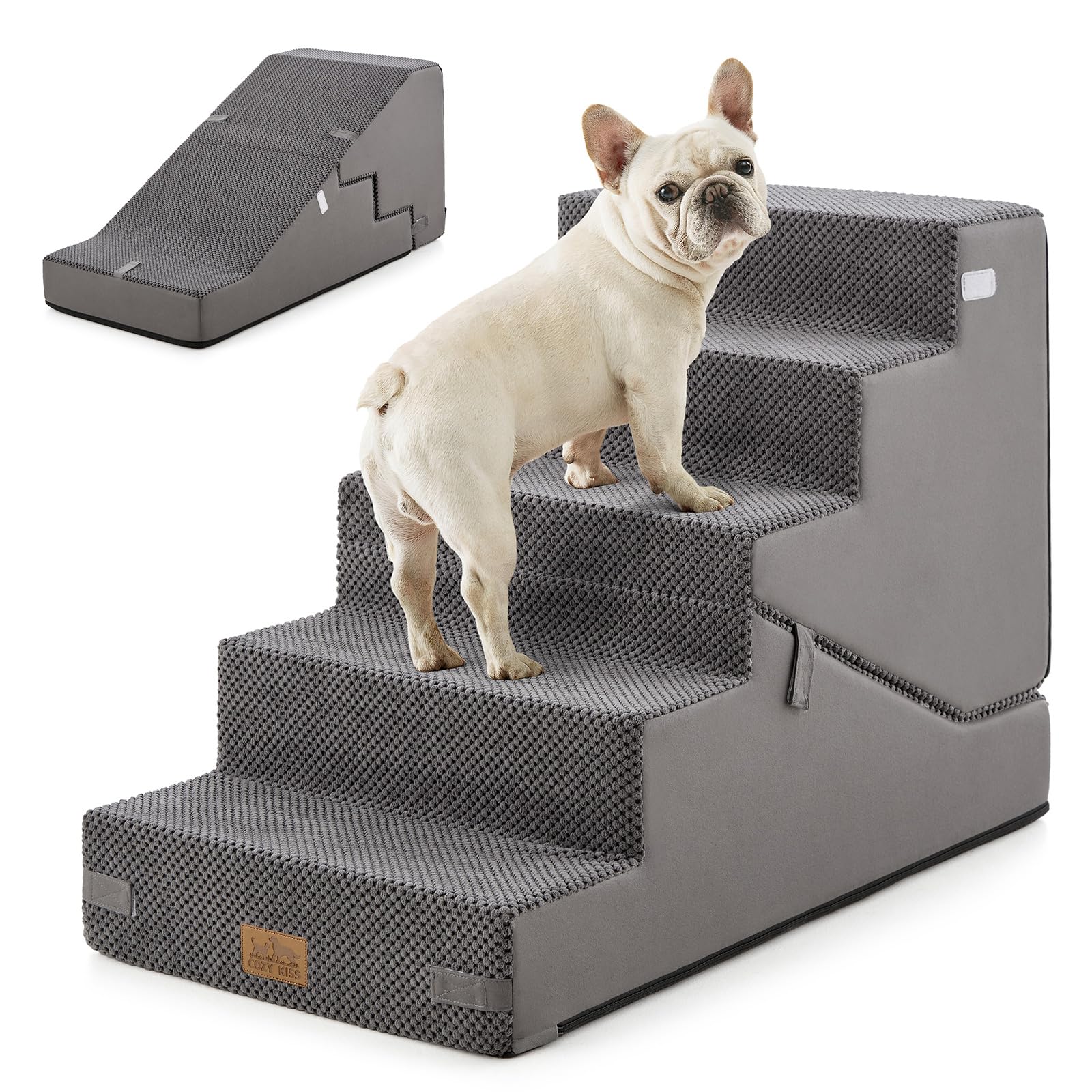 COZY KISS Dog Stairs for Small Dog, 21.7" H, 5 Step pet ramp for Bed, Gray