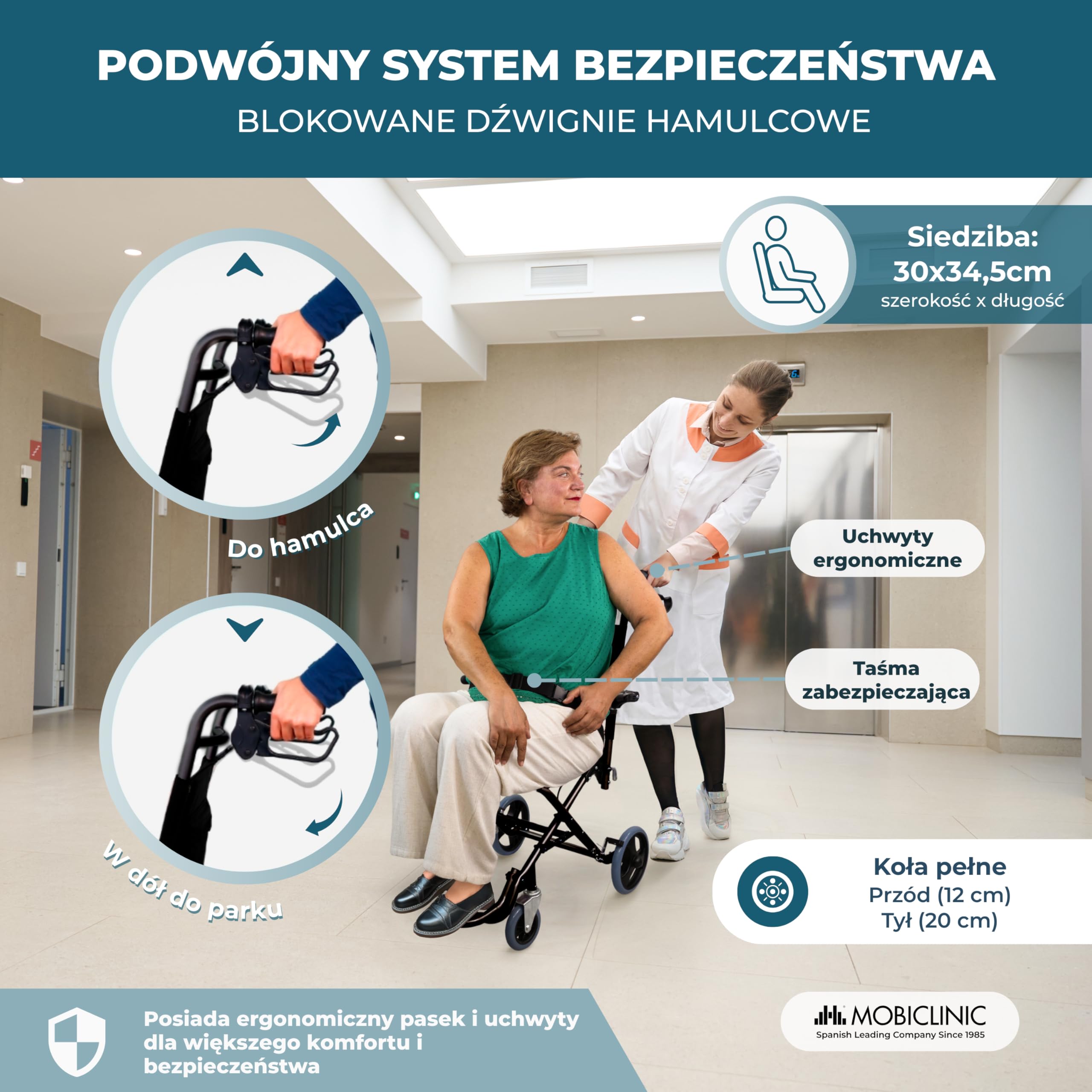 Wózek transportowy | Składany | Aluminium | Małe kółka | Hamulce na dźwigniach | Czarny | Saturn | Mobiclinic
