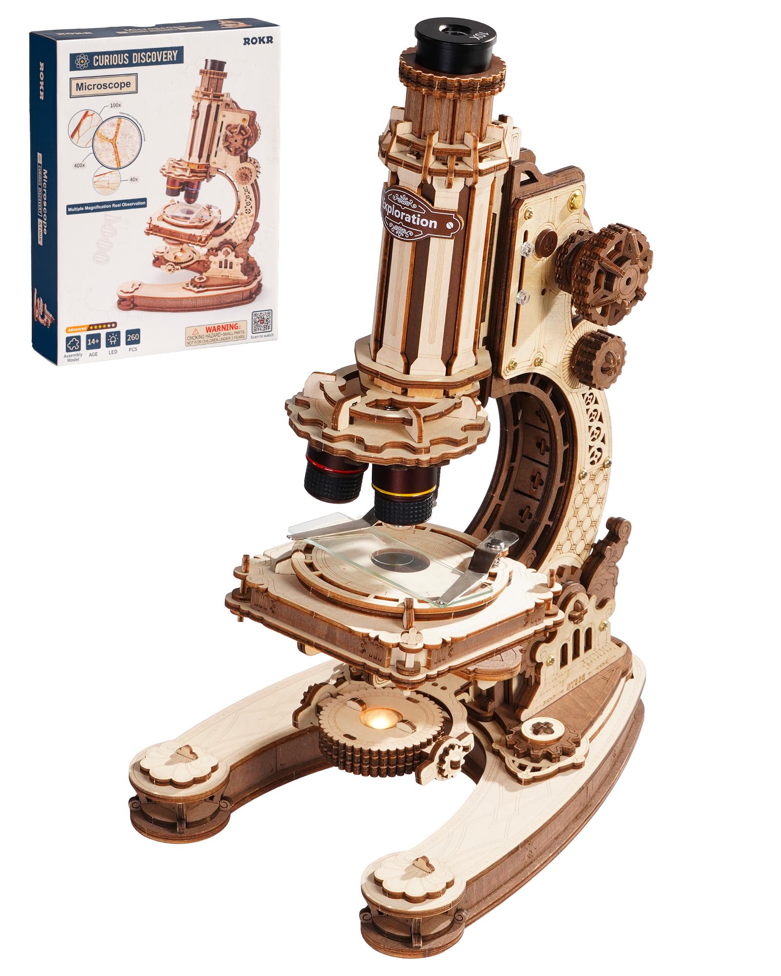 ROKR 3D-Holzpuzzle, mechanisches Modellbauset, echtes funktionierendes Mikroskop mit 400-facher Vergrößerung & LED-Licht, Vintage, wissenschaftliche Schreibtischdekoration, STEM-Geschenk für Frauen