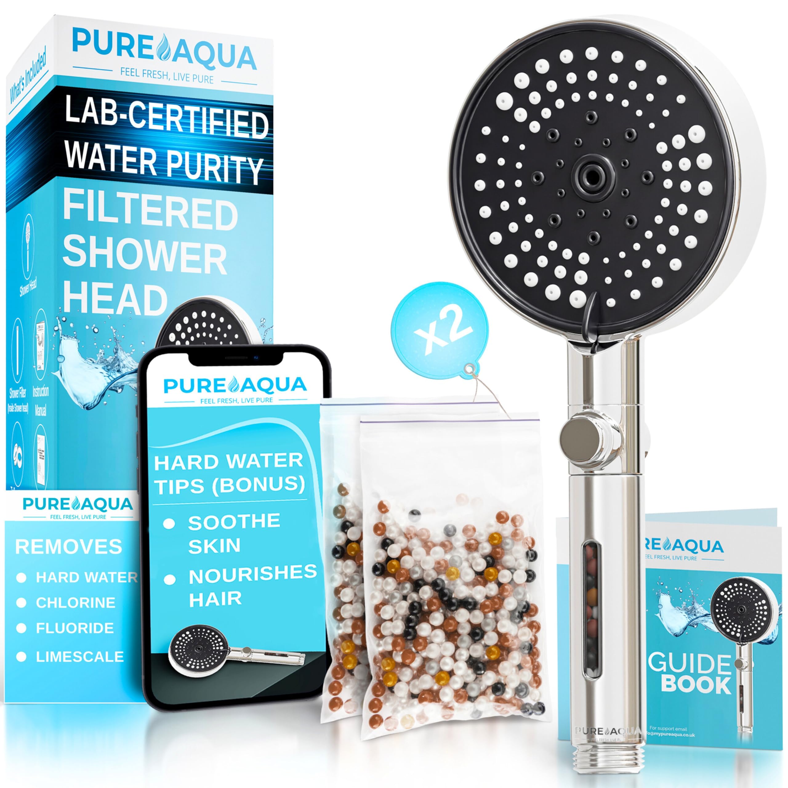 PUREAQUA 5 Stage Filtered Shower Head (X2 Power - Higher Filtration) | Shower Filter Hard Water UK (Soothe Skin & Hair) | 3 Lux Spray Settings | High Pressure Shower Heads | Water Softener Shower Head