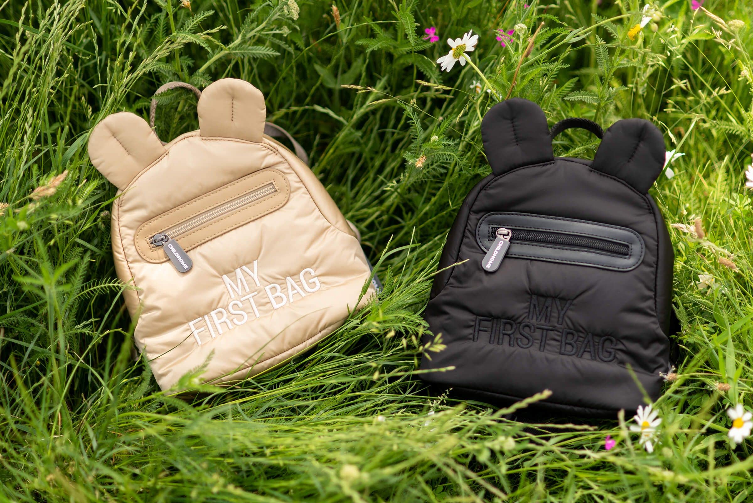 Childhome Mi Primera Bolsa Mochila de Bebé, Escuela, Jardín de Infancia, Guardería, Dos Compartimentos, Bolsa de Almuerzo, Hebilla de Seguridad Extraíble, Resistente al Agua, Negro Acolchado
