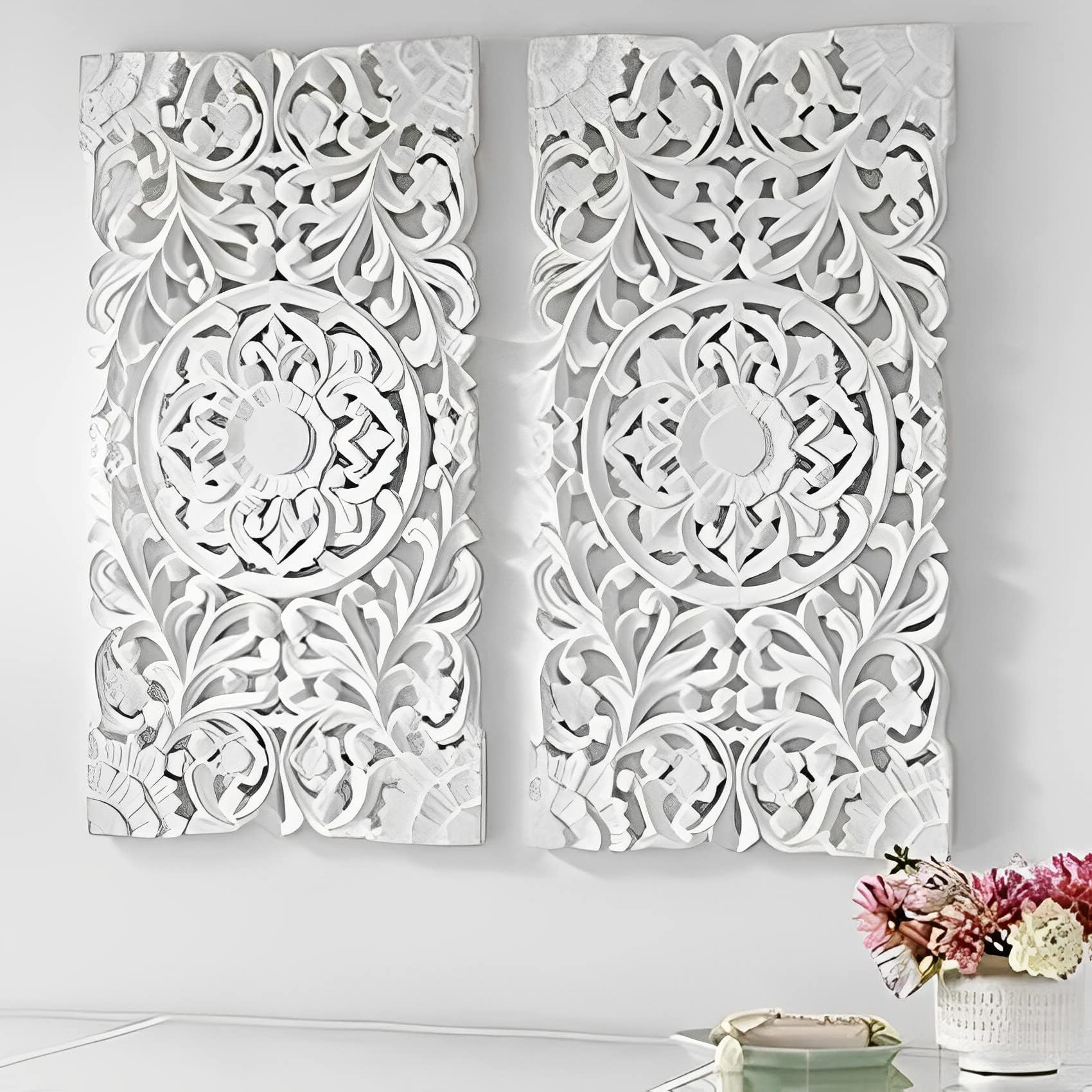 Engineered Wood Floral MDF Wall Decoration Panel, for Living Room, Bedroom, Hallway, Office (30 cm X 60 cm, White) -Set of 2, Standard