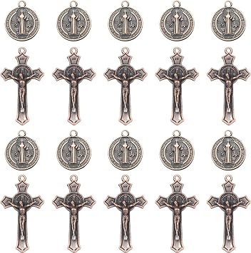20 Pcs Catholic Rosary Making Kit, 10 St. Benedict Medals & 10 Crucifix Cross Pendants, Antique Bronze Metal Charms Connectors for DIY Pocket Rosaries, Necklaces and Jewelry Crafts Dark Bronze