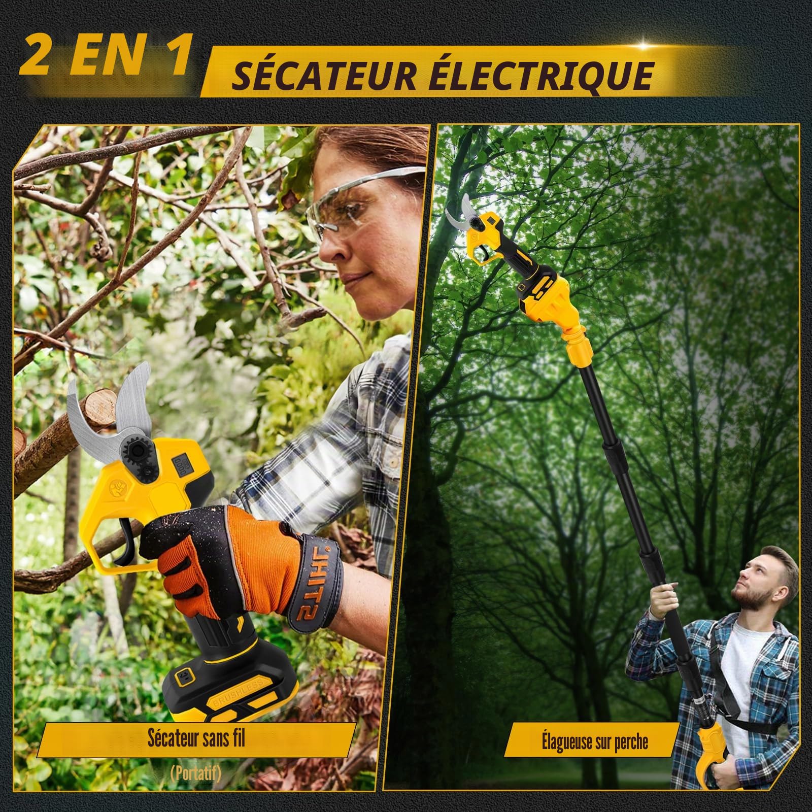 Sécateur électrique compatible avec Dewalt 20 V, sécateur sans fil avec perche d'extension jusqu'à 4,57 m, écran LCD, batterie de 30 mm pour jardin (sans batterie)