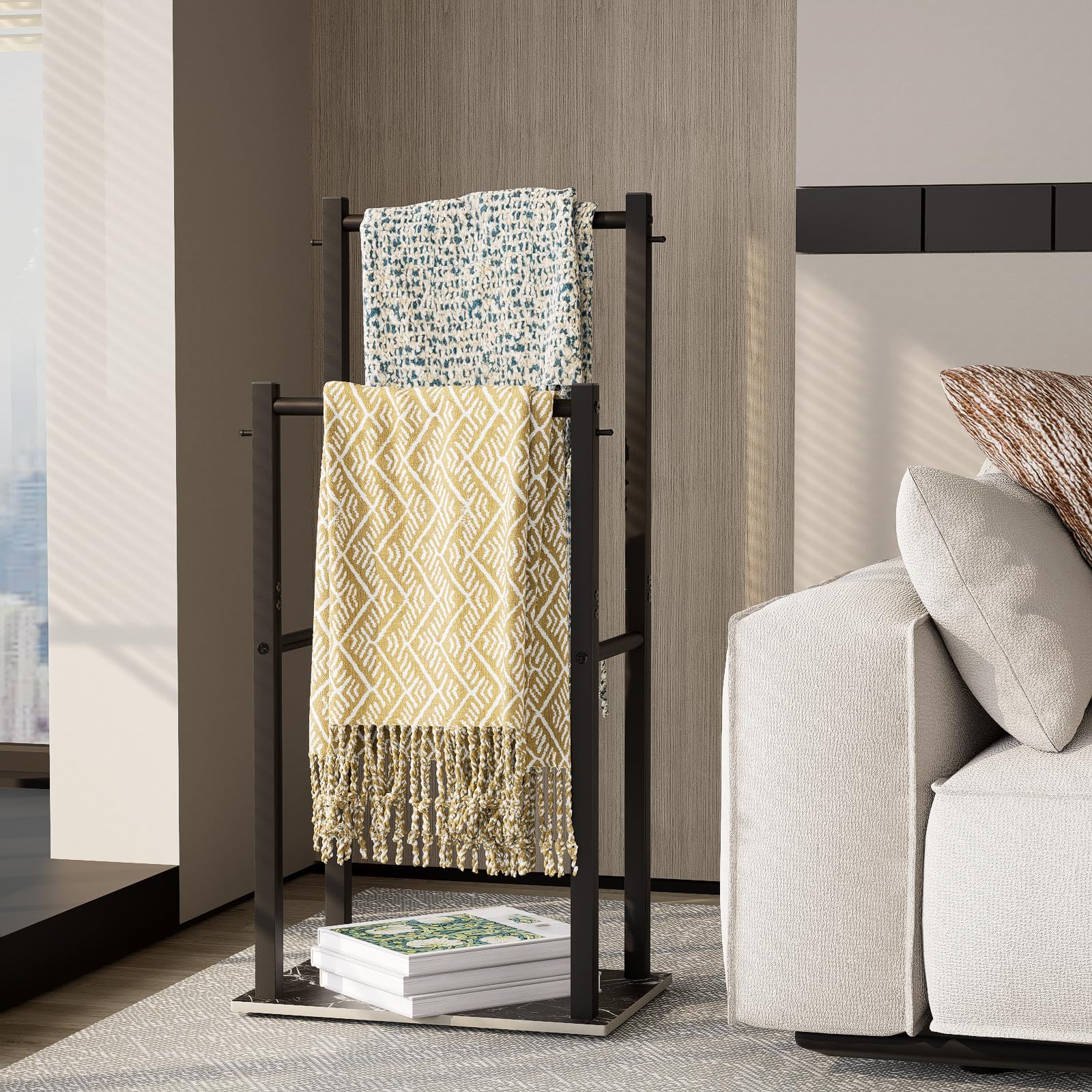 Yawinhe Porte Serviettes, Accessoires de Salle de Bain, Porte-Serviettes sur Pied avec 2 Barres, pour Serviettes de Bain, Vêtements, 39x26x80cm, Noir, SMJ002B-