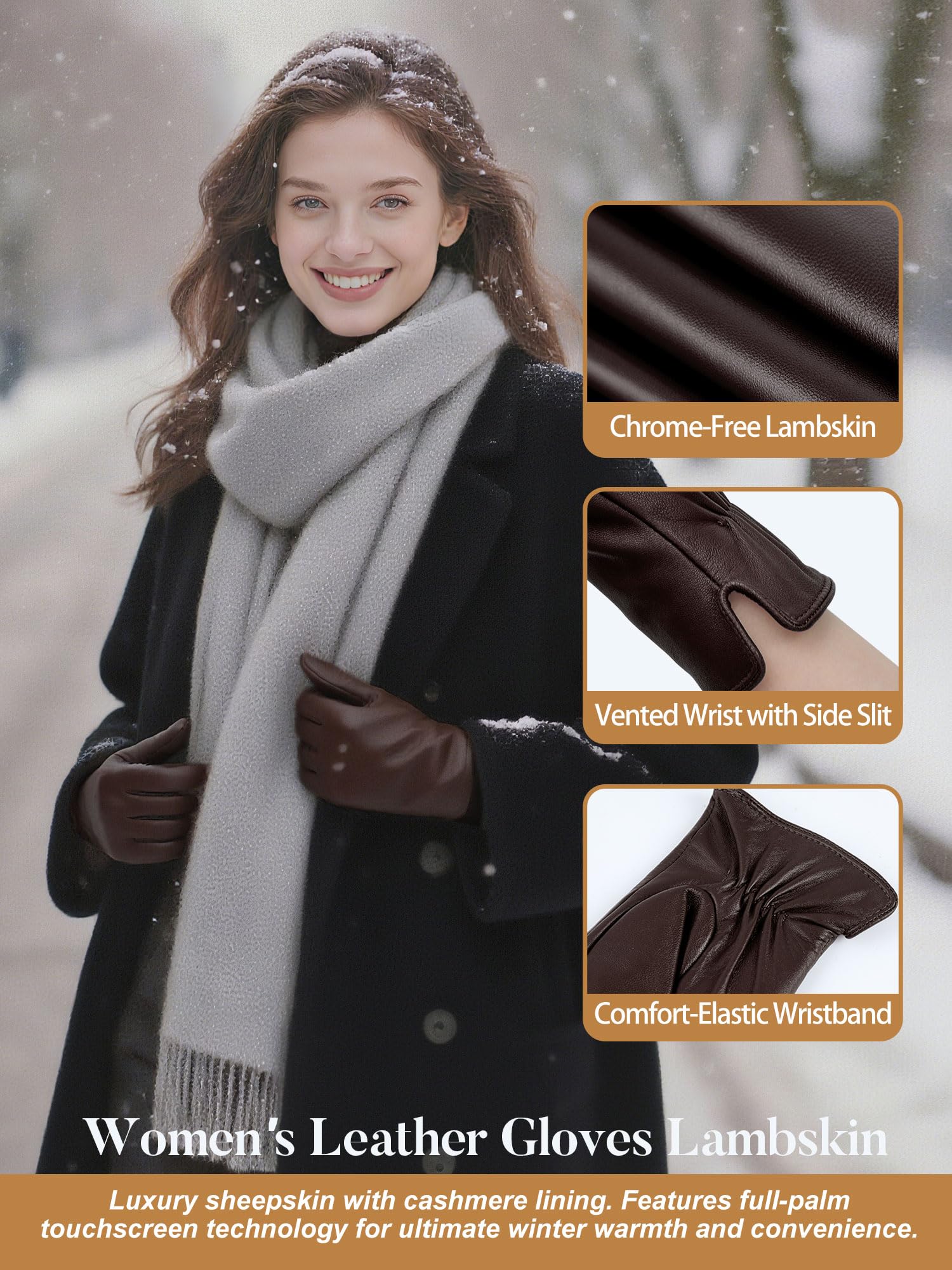 GSG SINCE 1998 Guantes Piel Mujer Marrón S | Piel de Oveja Sin Cromo, Compatibles con Pantalla Táctil, Forro Lana, Guantes de Invierno para Conducir