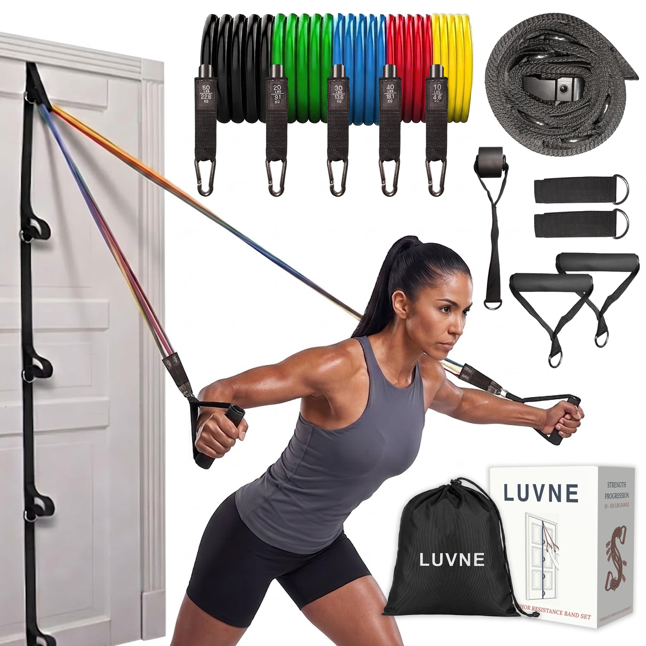 Resistance Bands with Door Anchor System, Natural Rubber Tube Resistance Bands with Handles, Anti-Snap Full Body Workout Bands with Multiple Levels for Home Workout, Strength Training & Rehabilitation