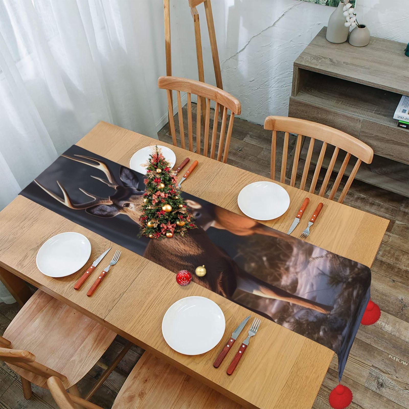 Chemin de table cerfs esprit forêt et nature automnale de 152,4 cm avec franges