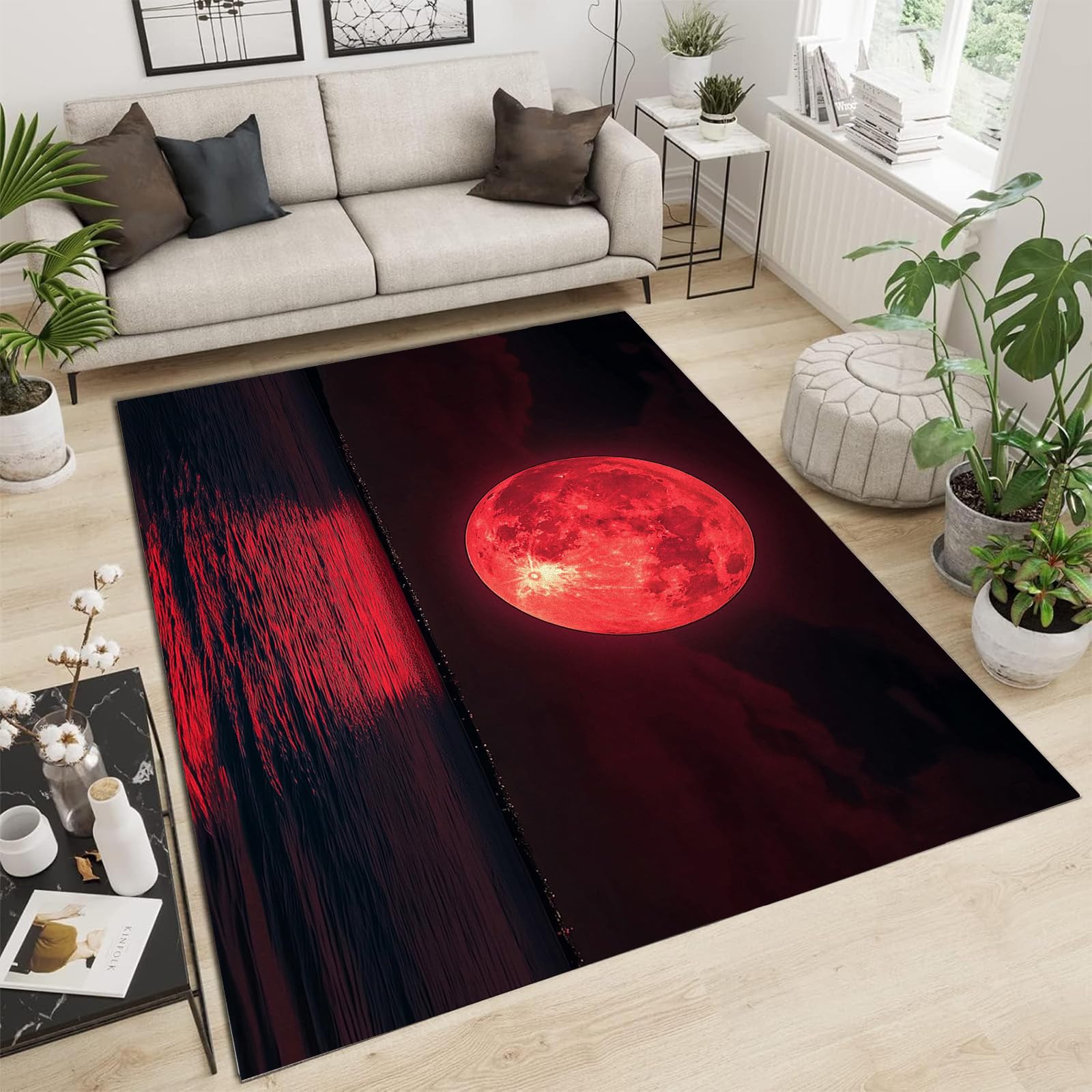 Tapis de salon lavable lune rouge anti-glisse grand tapis doux facile à nettoyer pour chambre