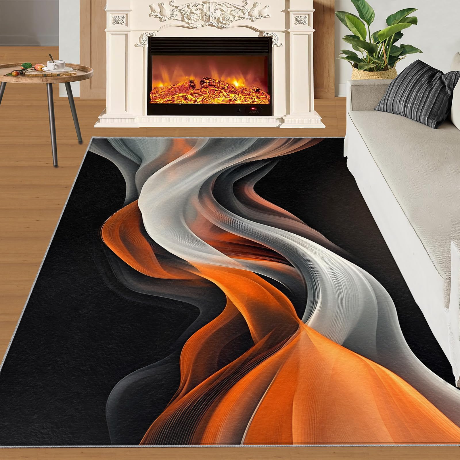 Tapis motif vagues abstraites pour salon, orange et gris, motif ligne fumée, antidérapant, lavable, pour chambre à coucher, cuisine, salle à manger, décoration - 160 x 230 cm