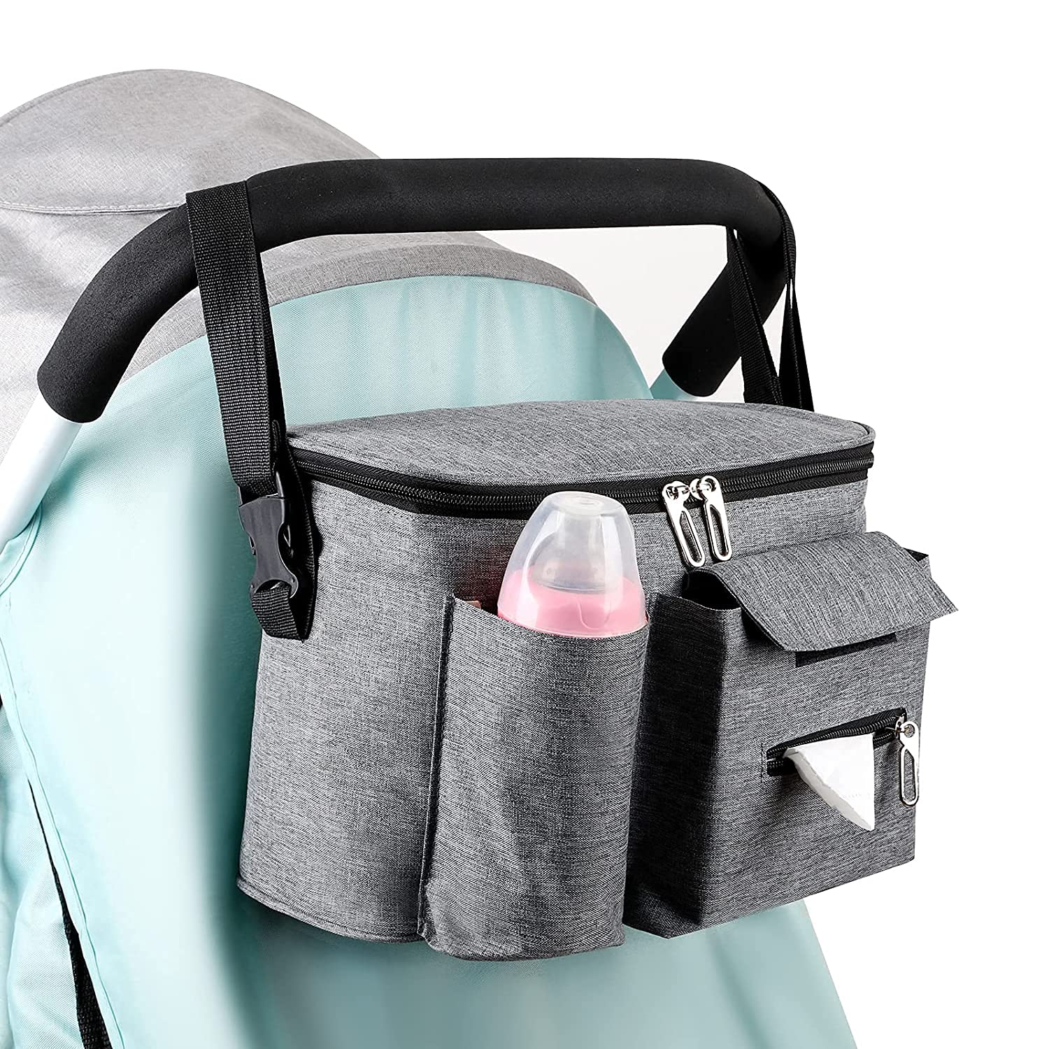 Zertylre Baby Stroller Organizer - Stroller Accessories Bag Large Space with Cup Holder Multiple Zipper Pockets for Bottle, Diaper, Phone, Toys, Baby Items, Easy Installation（Gray)