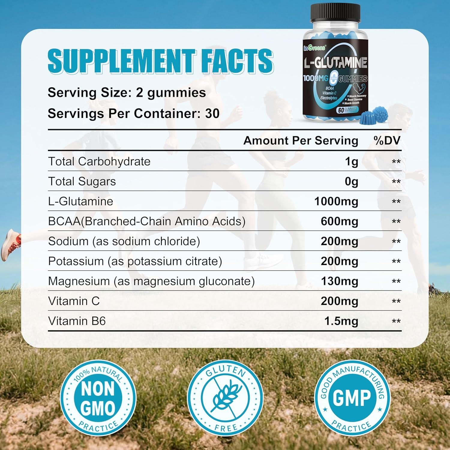 L-Glutamine Gummies 1000mg with BCAA, Potassium, Magnesium & Vitamin C, Muscle Recovery, Endurance Support & Daily Nutrition, Portable Supplement for Men&Women, Lime Grapefruit Flavor, 60 Count - Image 3