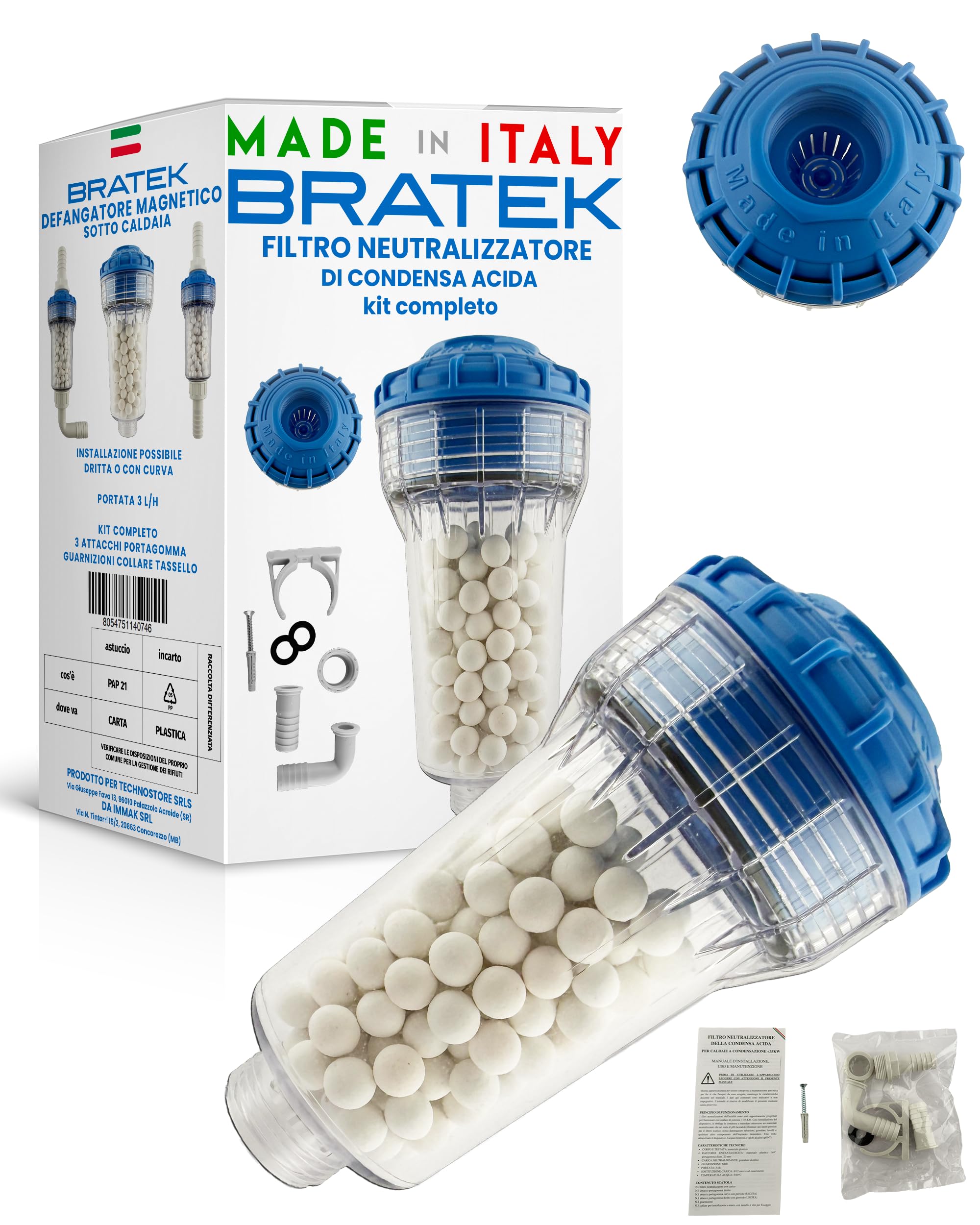 Bratek Filtro neutralizador de condensación de caldera – Filtro neutralizador de condensación ácida para caldera de condensación de hasta 35 kW – Neutraliza la acidez haciendo que el pH vuelva a los