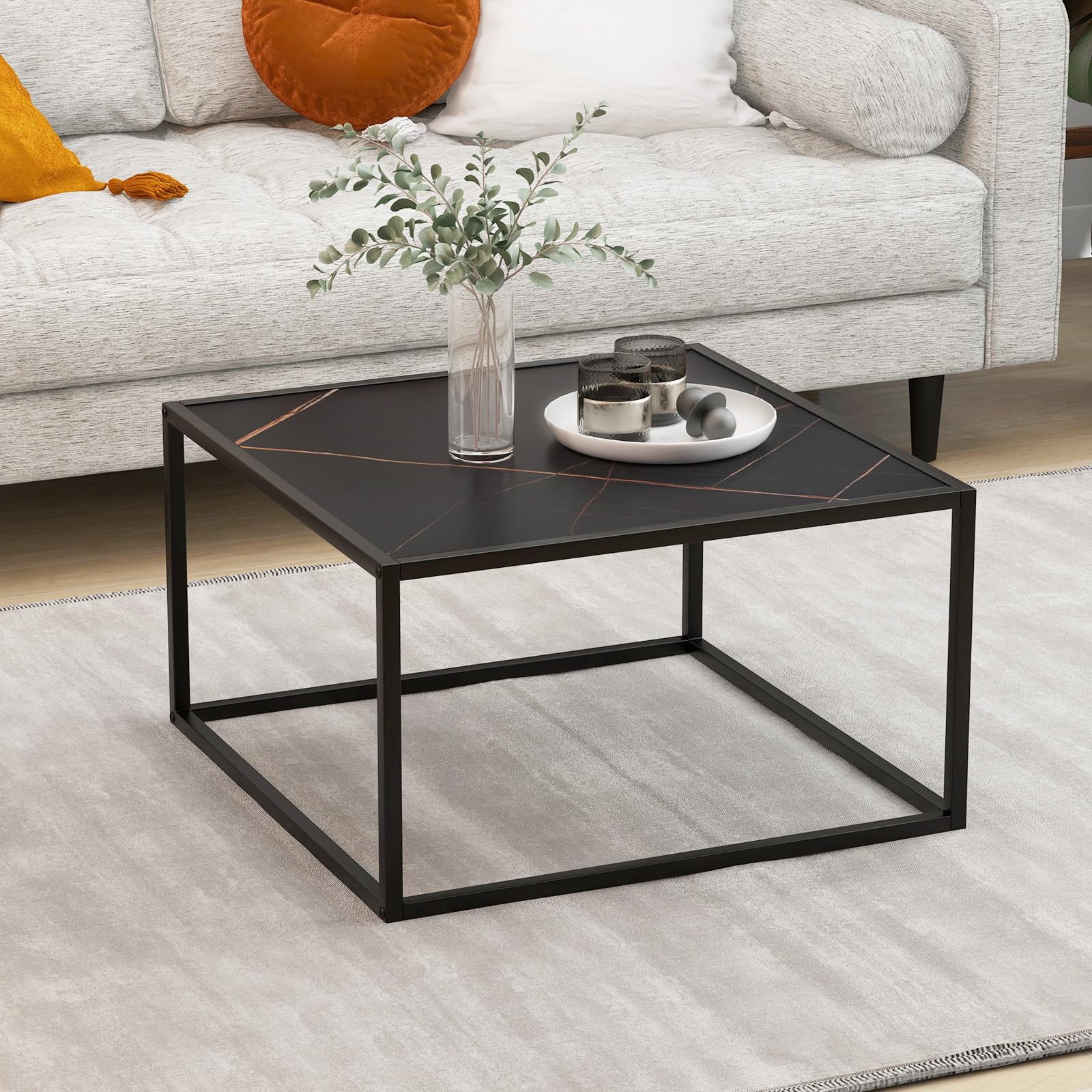 GIANTEX Tavolino da caffè effetto marmo, tavolino da tè con telaio in metallo, tavolo moderno, tavolino quadrato per soggiorno, 70 x 70 x 40 cm (nero)