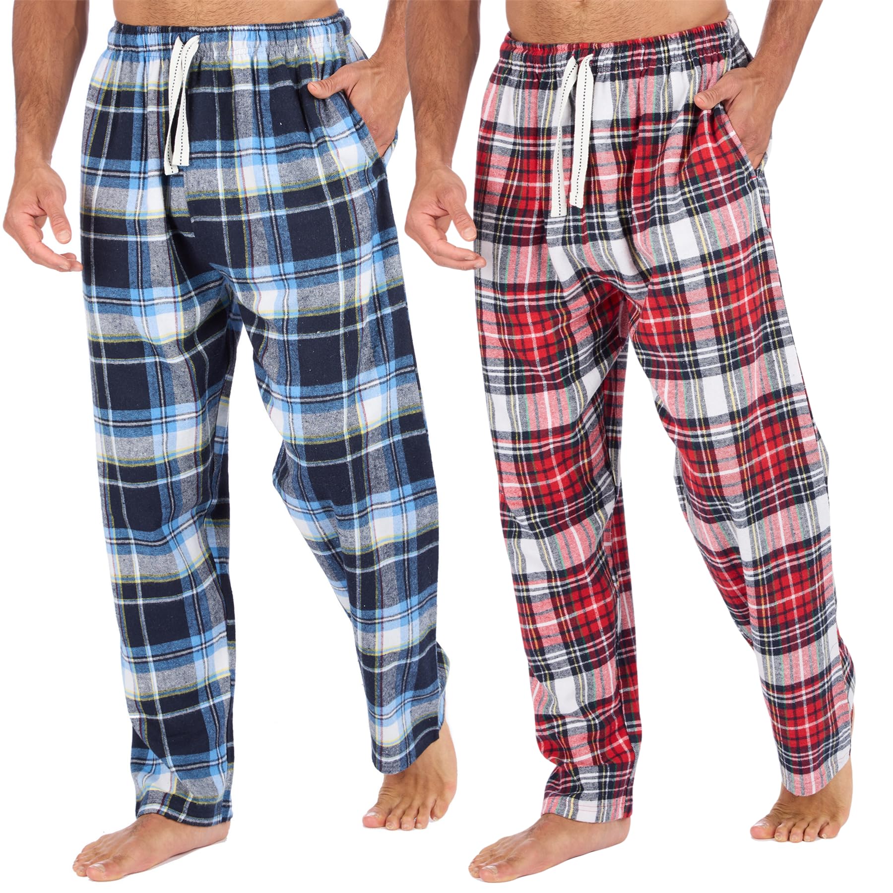 Mens Pyjamas Lounge Pants Cotton Flannel Bottoms Trouser Nightwear PJs Sleepwear (2PACK, NAVY, RED, 2XL)