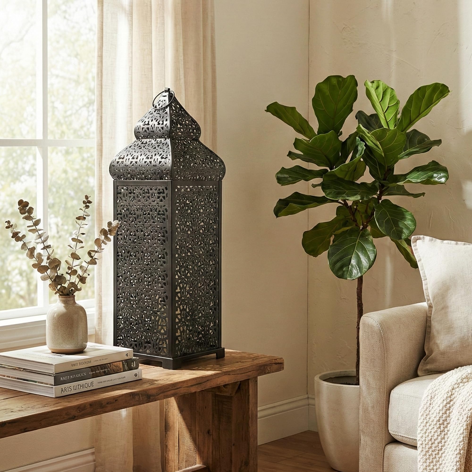 VELA LANTERNS Lanterne marocaine extra large de 56 cm pour décorations de Ramadan, à suspendre, terrasse ou porche, décoration d'intérieur - Noir