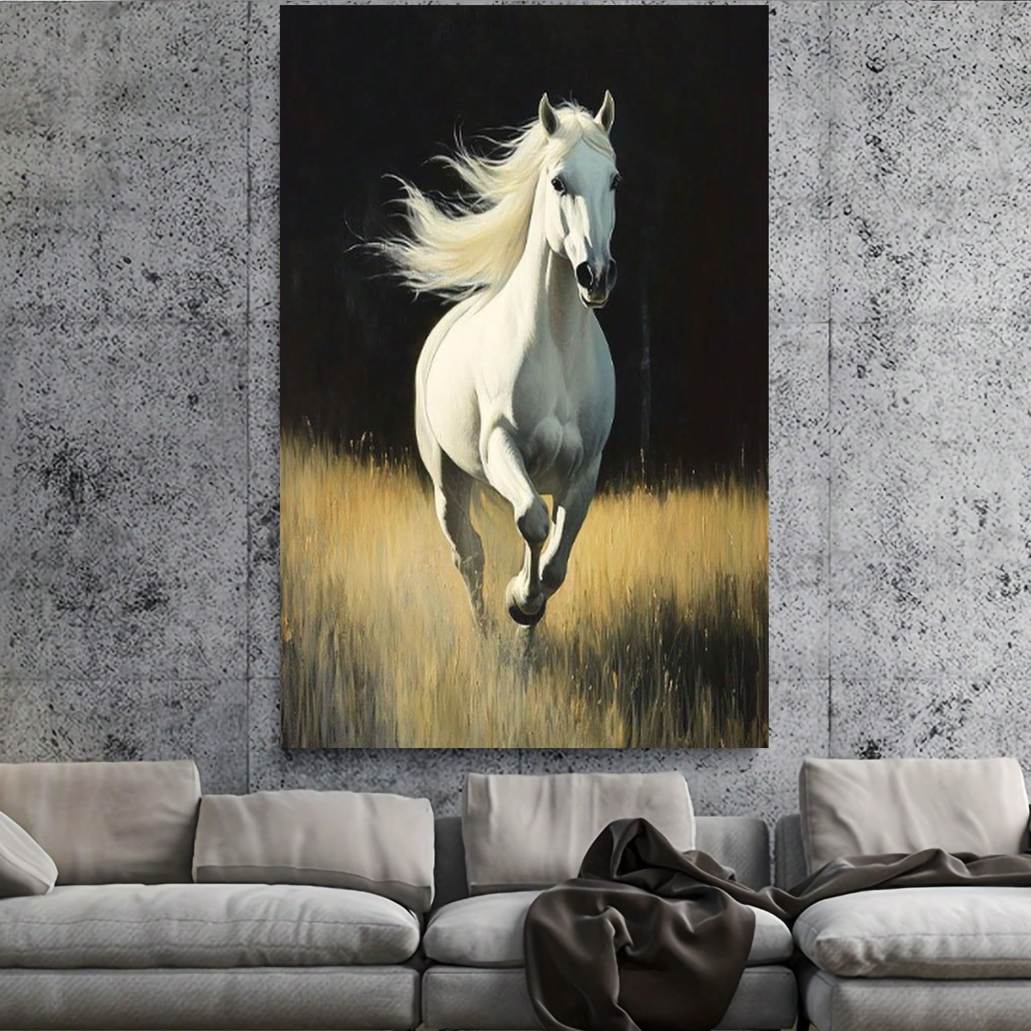 VCBNUGH Stampa su tela raffigurante uno stallone equestre, cavallo su erba dorata, decorazione murale con animali selvatici su sfondo nero (50x70 cm/con cornice)