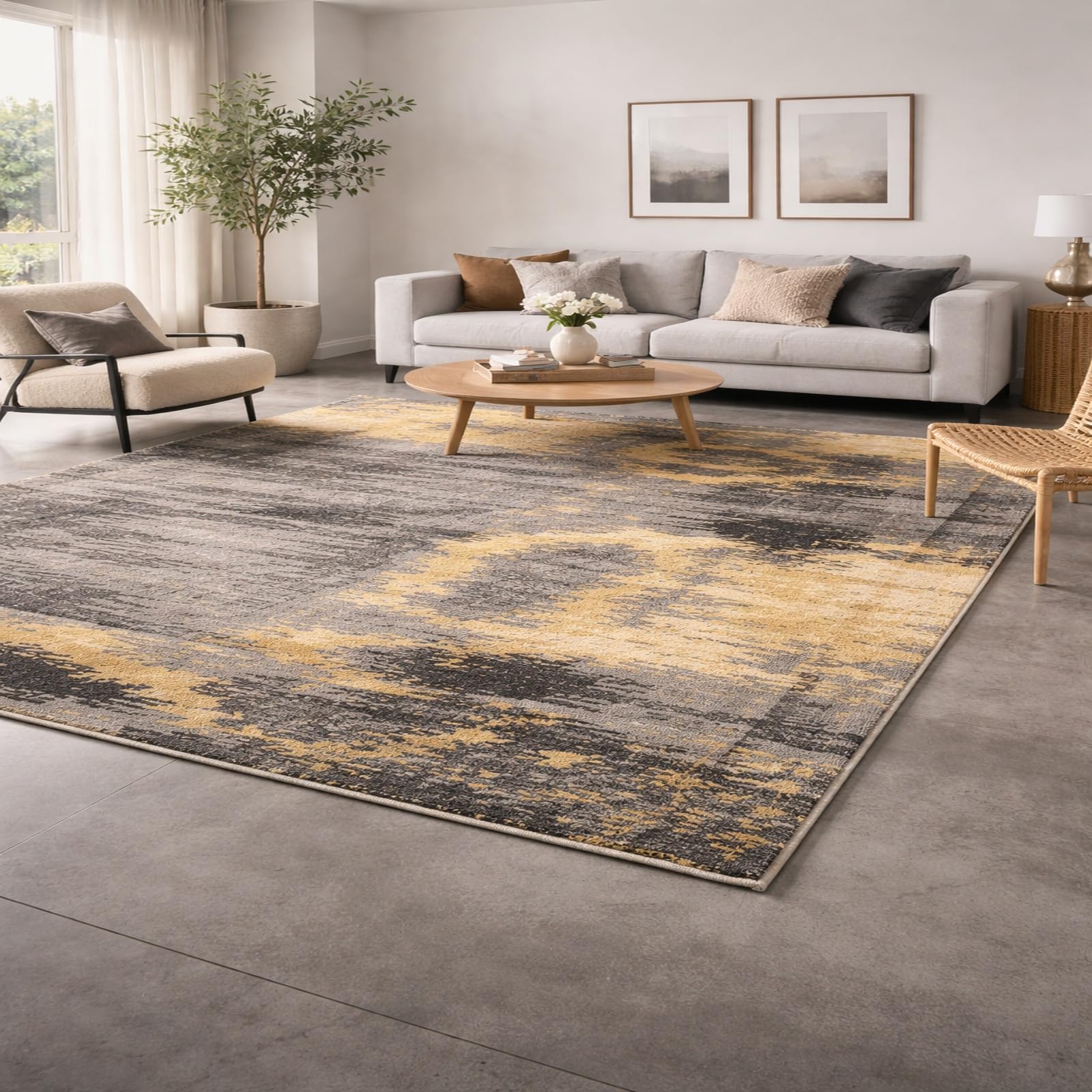 Tapis de salon moderne abstrait ocre jaune et gris 120x200cm pour chambre à poils ras