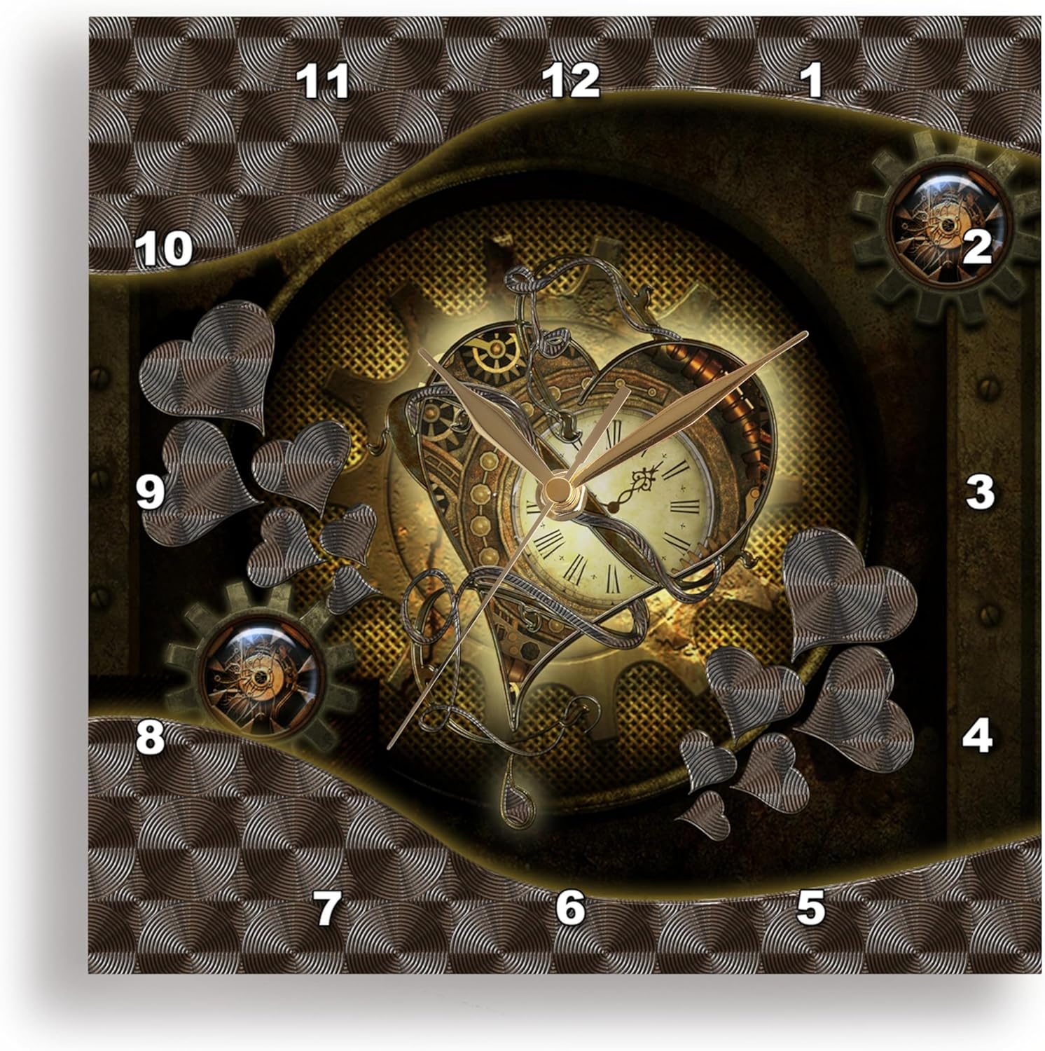 3dRose Wall Clock Silent - 13 inch - Beautiful Steampunk Hearts Clock and Gears - Köhnen Design - Steampunk