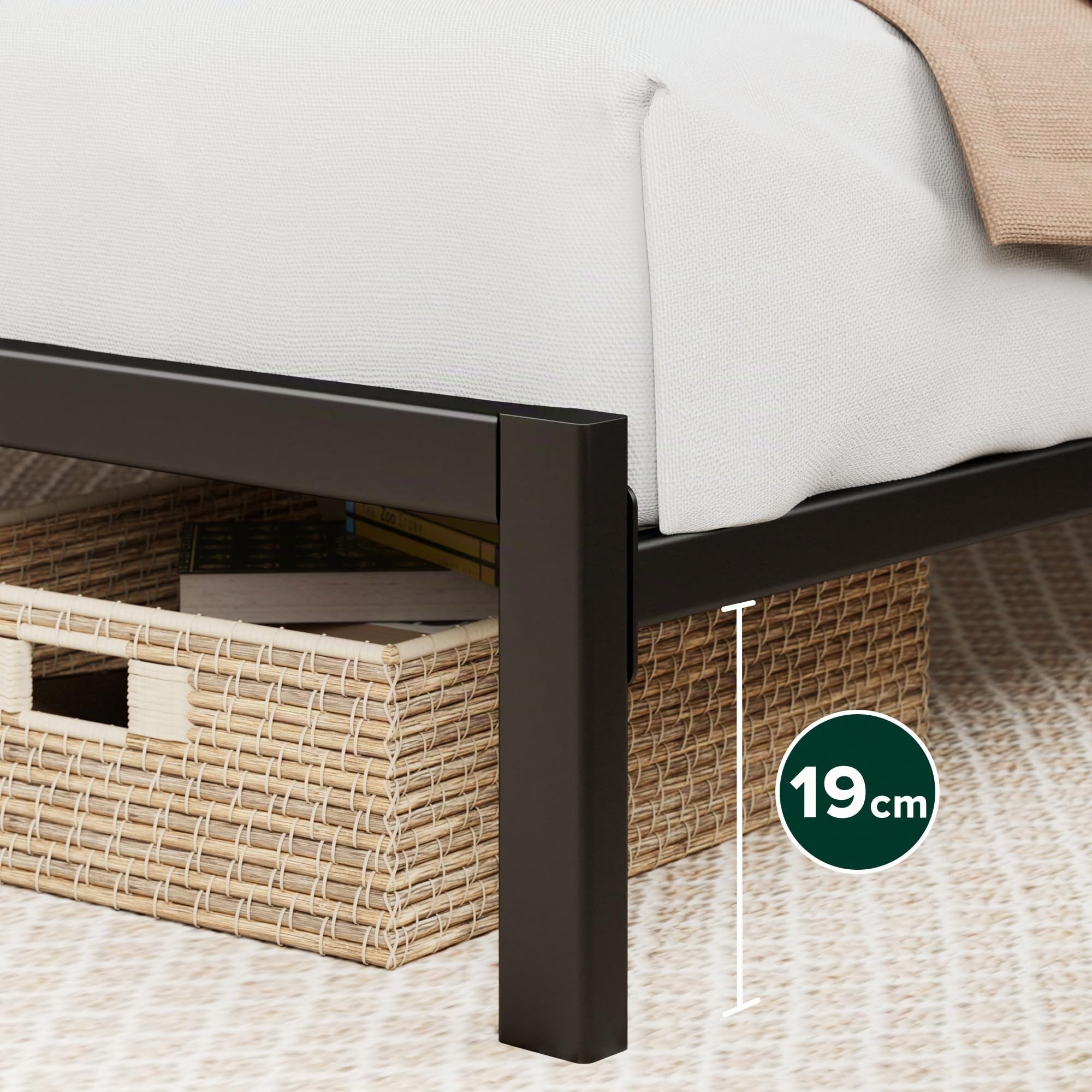 Cama de 140 x 190 cm, somier, de bambú y Metal, con cabecero de Cama, de fácil Montaje, Altura 80 cm, sin somier, Color Negro y marrón