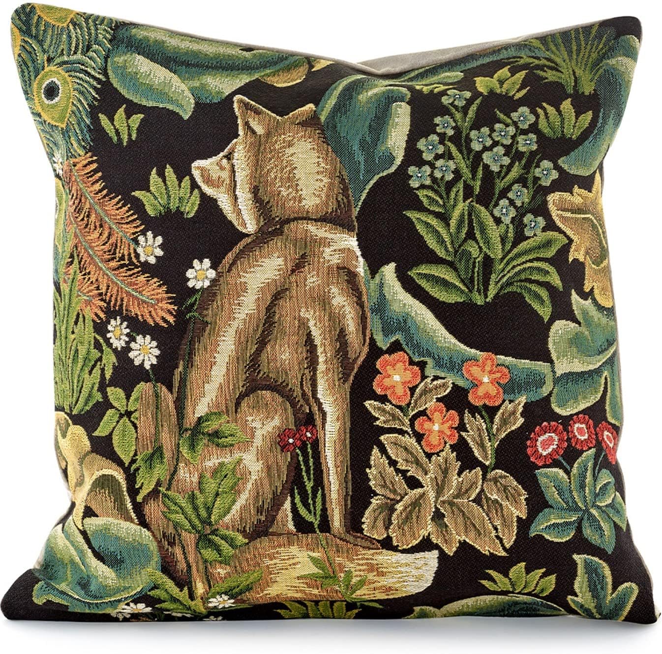 Yapatkwa Belgian Tapestries, Black Forest Wolf, Decorative Woven Tapestry Pillow / Cushion Cover, 18" x 18", Wm Morris Design