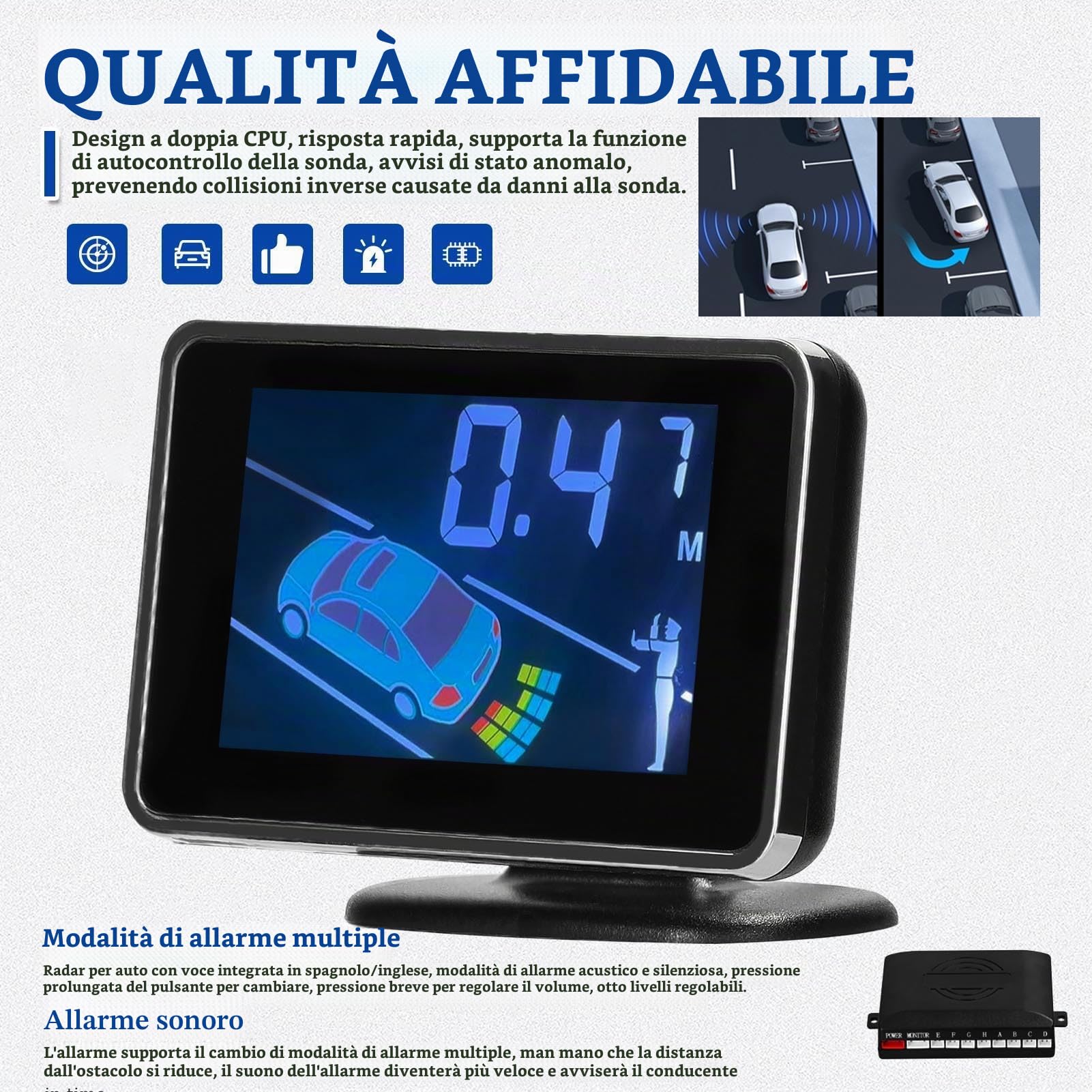 Sistemas del Sensore di Parcheggio per Auto con 8 Sensori - Inversione Anteriore e Posteriore con Avvertimento Sonoro, Display a Distanza LCD Regolabile e modalità di
