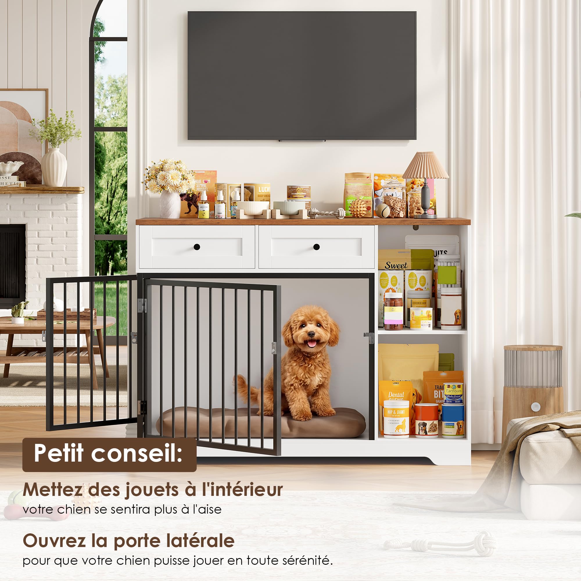 FirFurd 120 cm Cage pour Chien, Cage Chien Interieur avec 2 Porte 2 Tiroirs 2 Étagères, Niche pour Chiens Meuble Cage Chiens en Bois 120x60x87cm Blanc+Marron