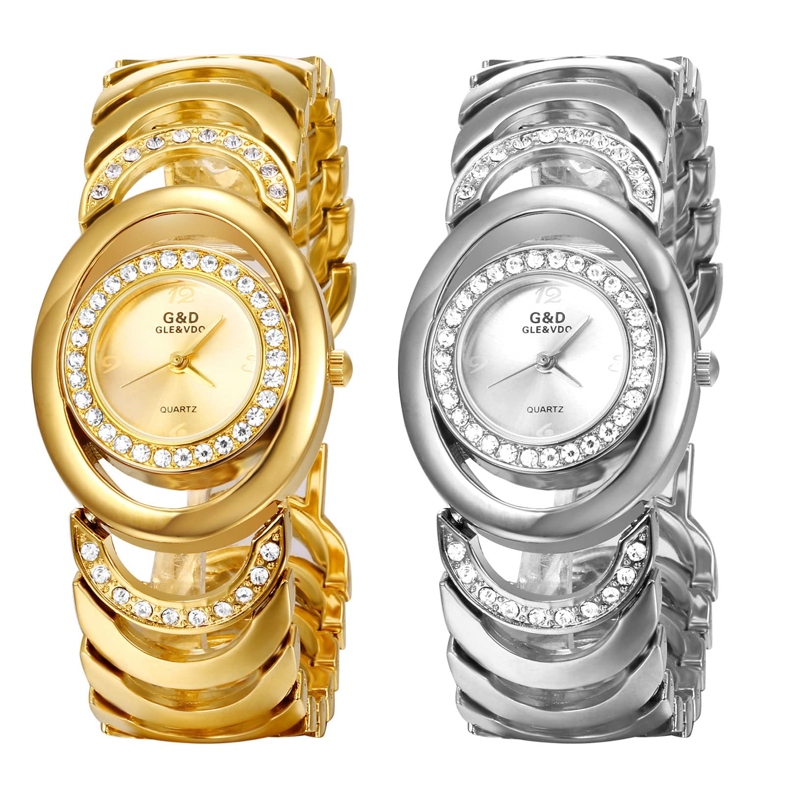 JewelryWe Zegarki damskie analogowe kwarcowe 30 m wodoszczelny zegarek na rękę elegancki wyjątkowy stras owalny zegarek na co dzień z metalowym paskiem i narzędziem do zegarka złoty/srebrny, 2 szt.,