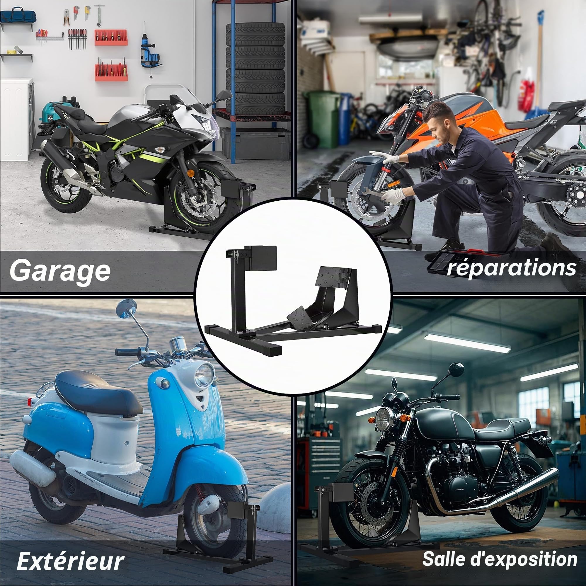 UISEBRT Support de roue avant pour moto en acier - Pied de montage adapté aux pneus de 17" à 21" et de 90 à 130 mm de largeur - avec pieds en caoutchouc antidérapants, Dimensions : 620x460x410 mm
