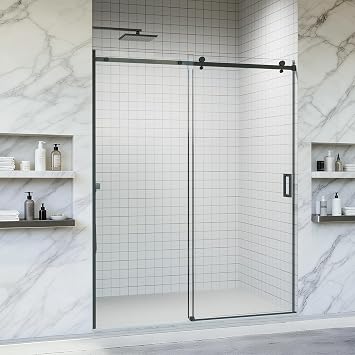 Single Sliding Shower Door 56-60 in. W x 74 in. H, Frameless, 5/16 Inch 8mm Thick SGCC Tempered Glass, Reversible Left/Right Installation, Matte Black Finish, for Bathroom