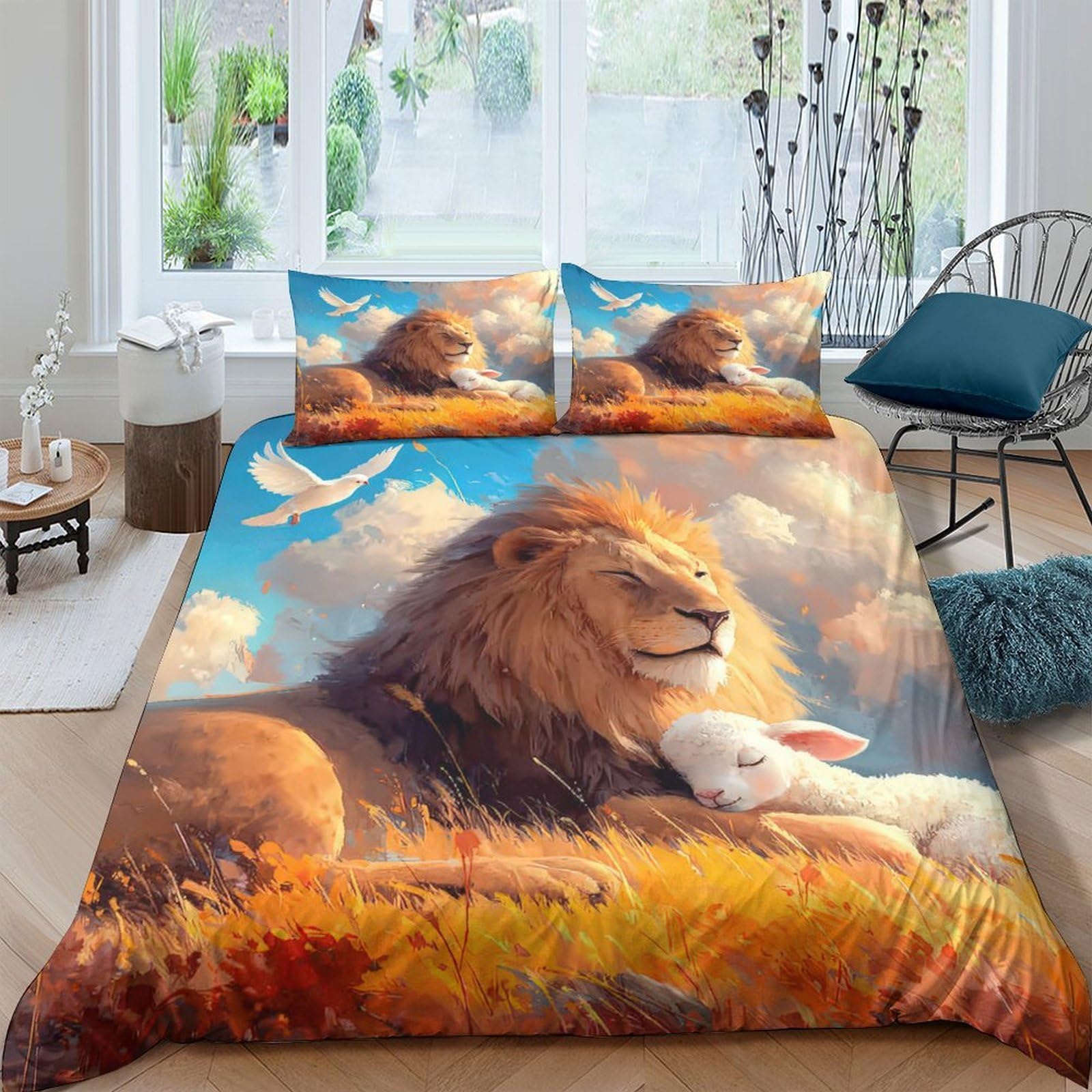 Ctjqhvkz Style-5 3D Printed Lion And Lamb Fitted Sheet Microfiber Soft Animal Theme Bed Cover For Bedroom Dorm Mattress Protection Decor Single（135X200cm）
