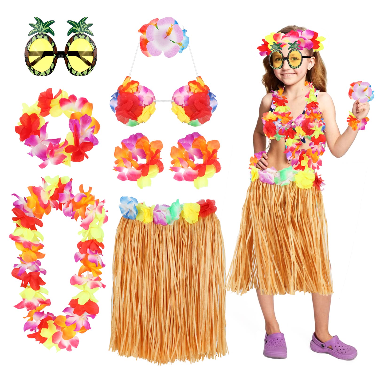 PHOGARY 8 PCS Hula Skirt Costume Accessory Kit Luau Party Dress Up for Girls, Hawaiian Hula Dancing Skirt Set with Flower Bikini Top, Hawaiian Lei, Hibiscus Hair Clip, Pineapple Sunglasses